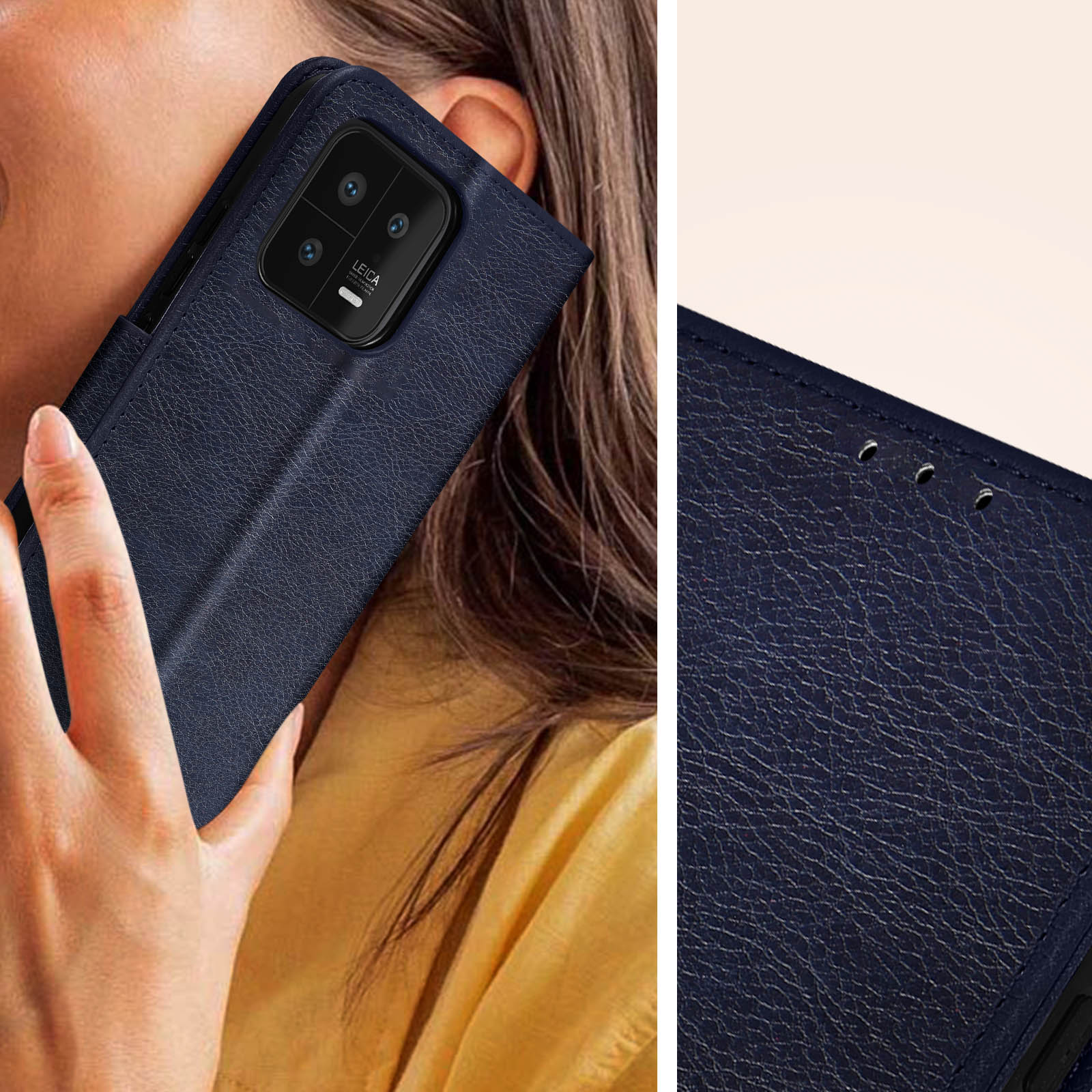 Une personne tient un téléphone bleu avec un appareil photo Leica.