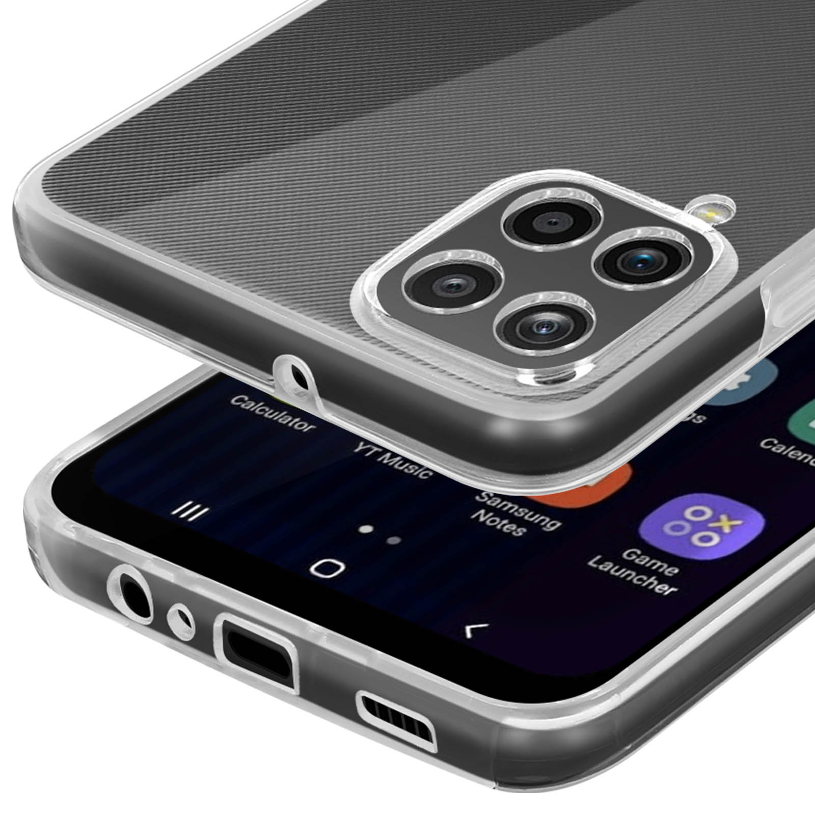 Une coque de téléphone transparente sur un smartphone à quatre caméras.