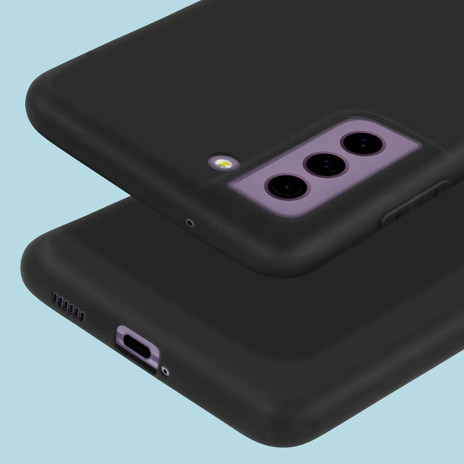 Due custodie nere per telefono con tre fotocamere e flash su sfondo blu.
