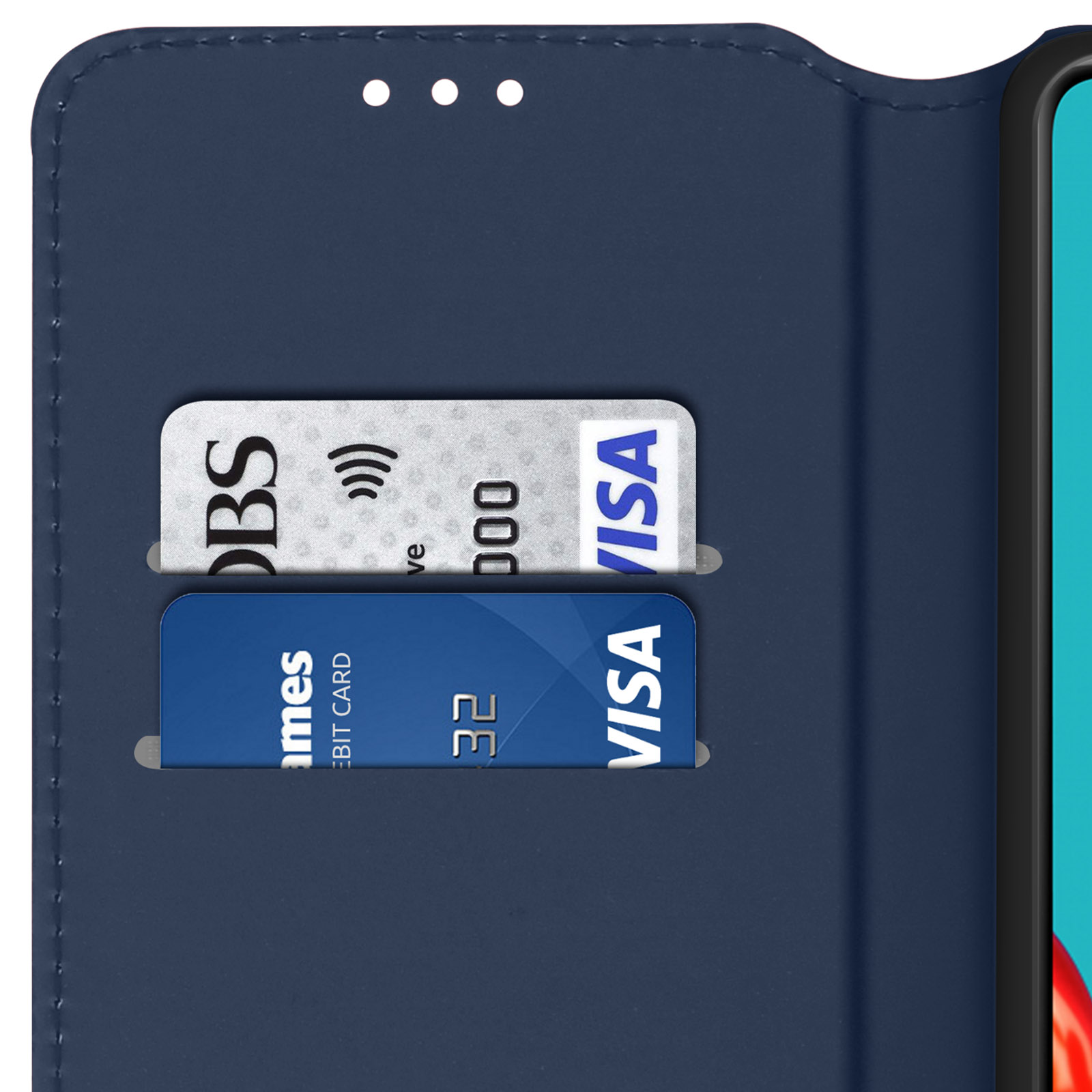 Custodia a portafoglio blu con due carte: DBS e VISA.