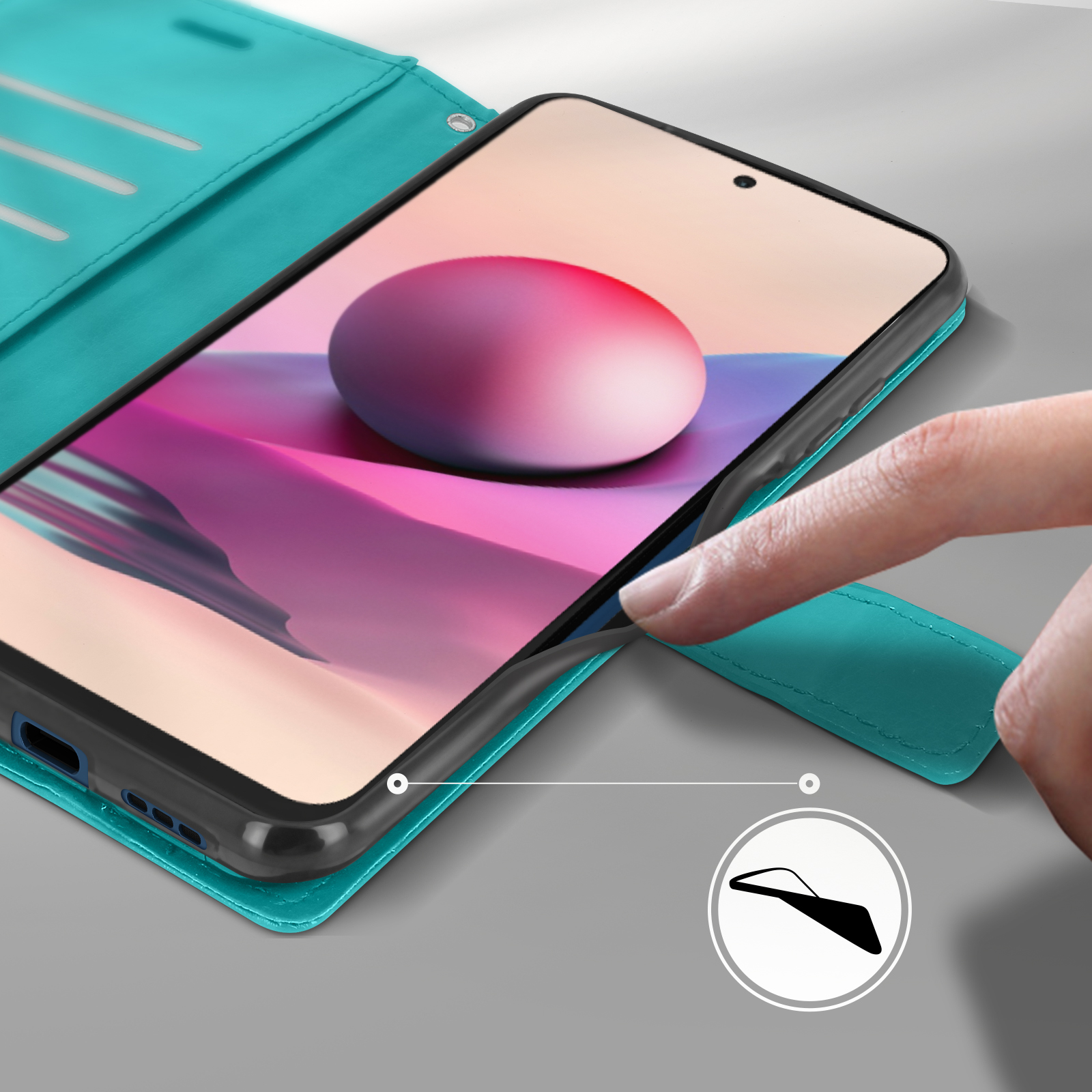 Una mano preme una custodia per telefono turchese. Lo schermo mostra una grafica circolare.