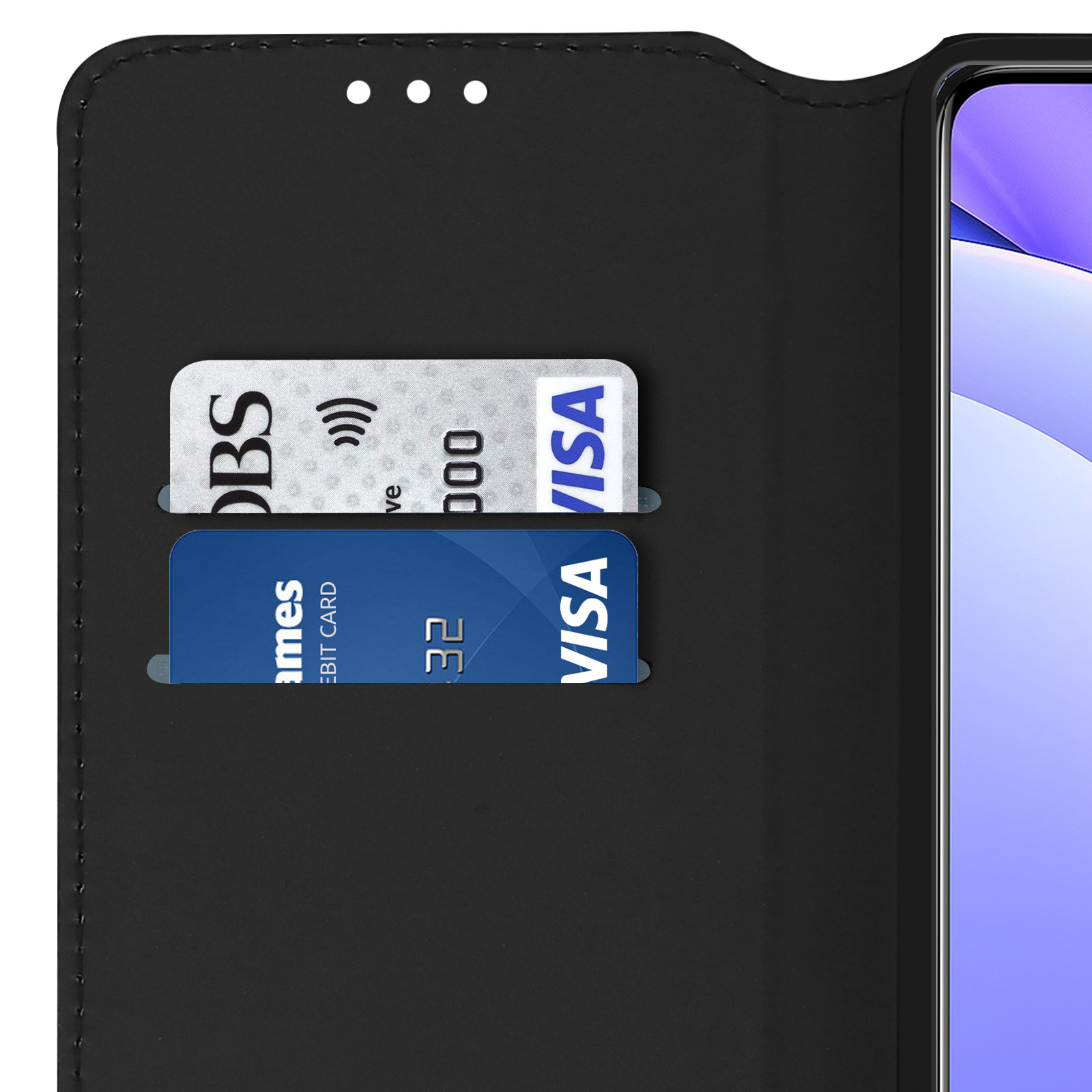 Custodia nera per telefono con due fessure per carte di credito.