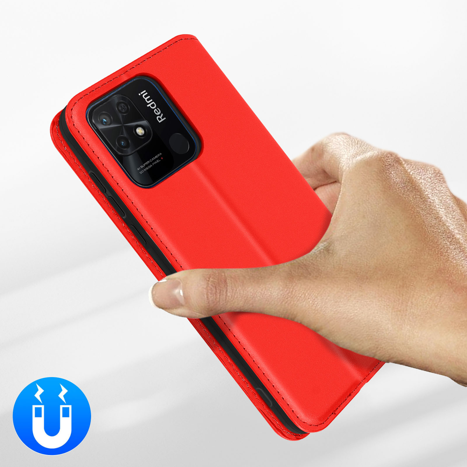 Coque de téléphone rouge avec icône aimant et main.