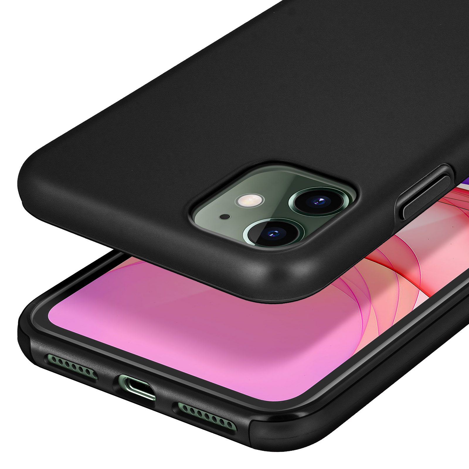 Coque de téléphone noire sur un smartphone à écran rose.