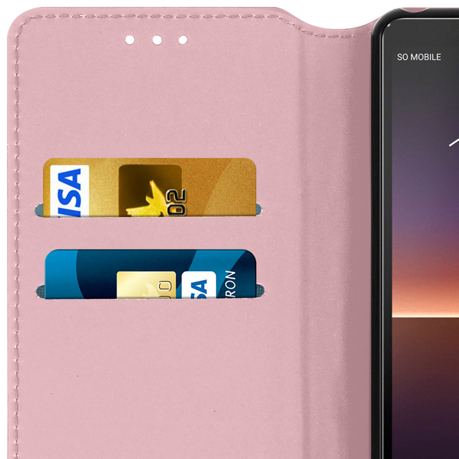 Custodia rosa per telefono con due fessure per carte. Visa e Mastercard sono visibili.