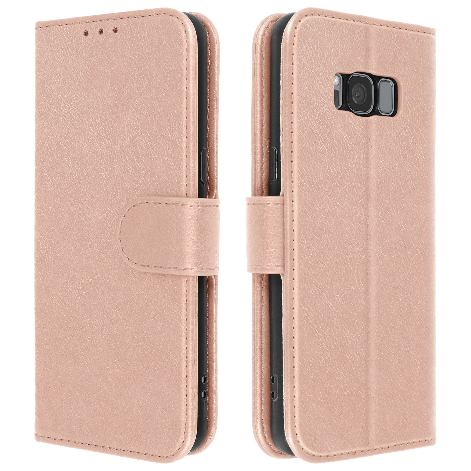 Een roségouden flip telefoonhoes met camera-uitsparing en bandsluiting.