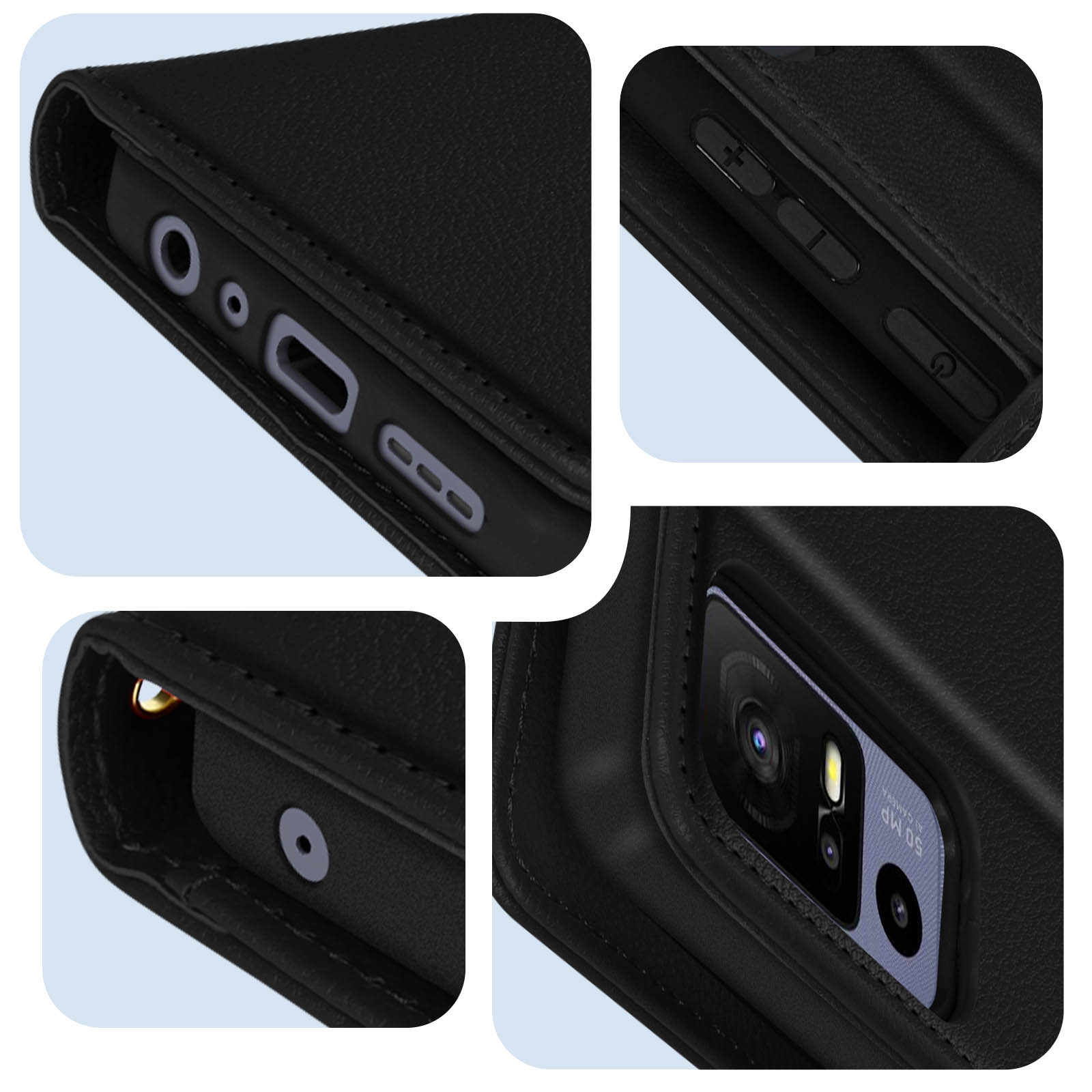 Close-up van een zwarte telefoonhoes met precieze uitsparingen voor poorten en knoppen.