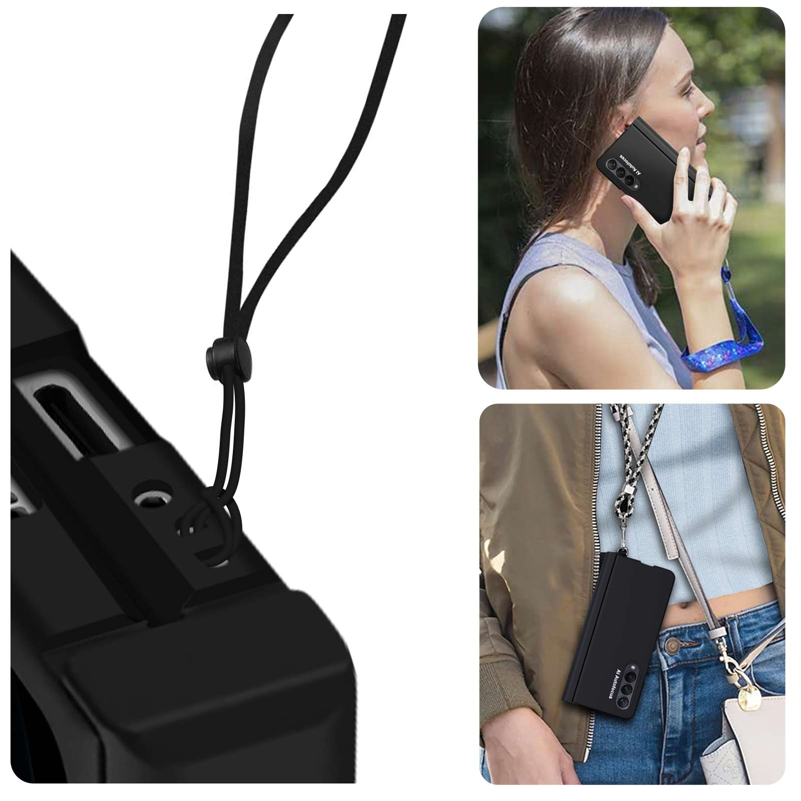 Un smartphone noir avec une lanière portée autour du cou.
