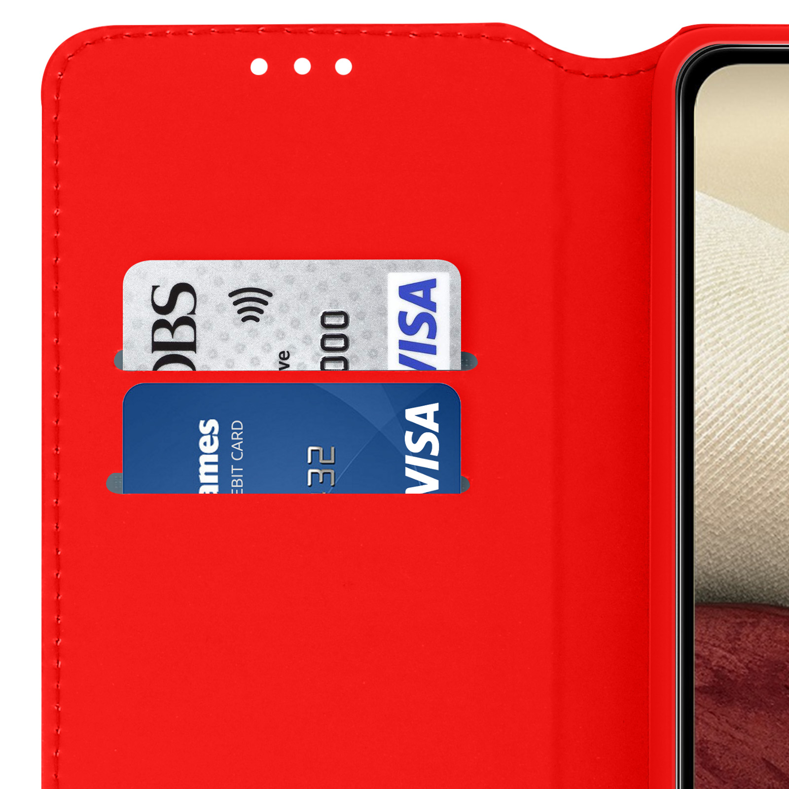 Étui de téléphone rouge avec deux fentes pour cartes, une pour DBS, une pour Visa.