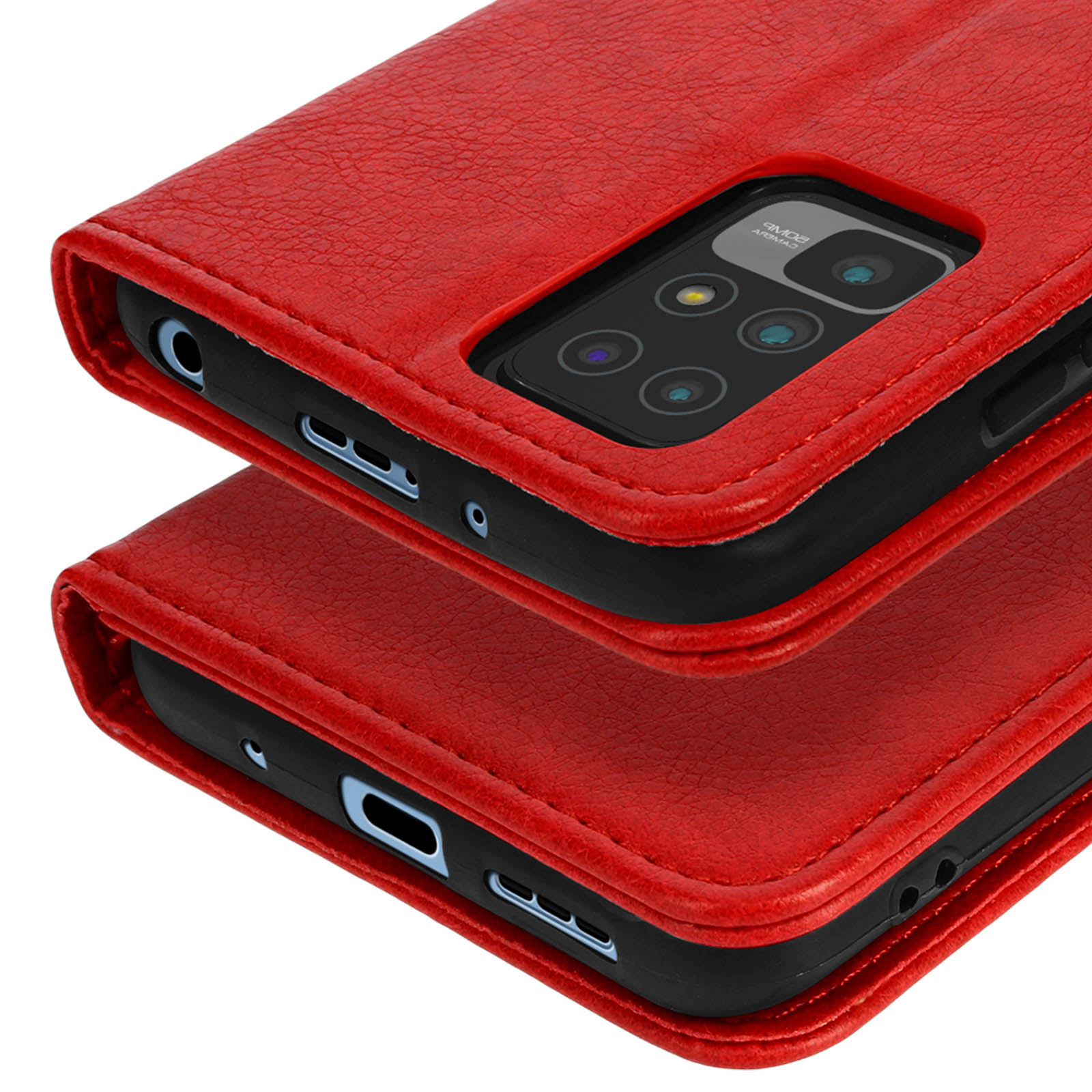Rode leren hoes voor smartphone met zichtbare camera en poorten.