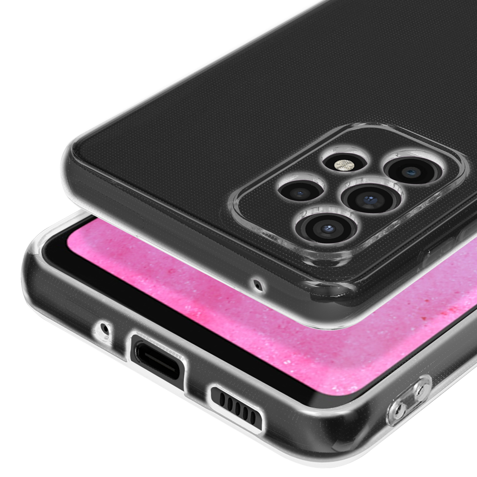 Coque de téléphone transparente sur un téléphone noir à écran rose.