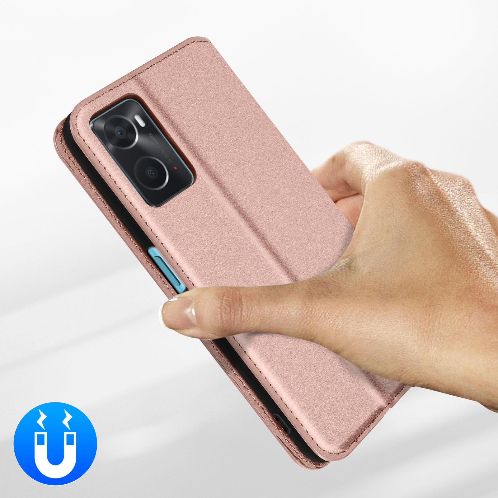 Une main tient un étui de téléphone rose avec double appareil photo.