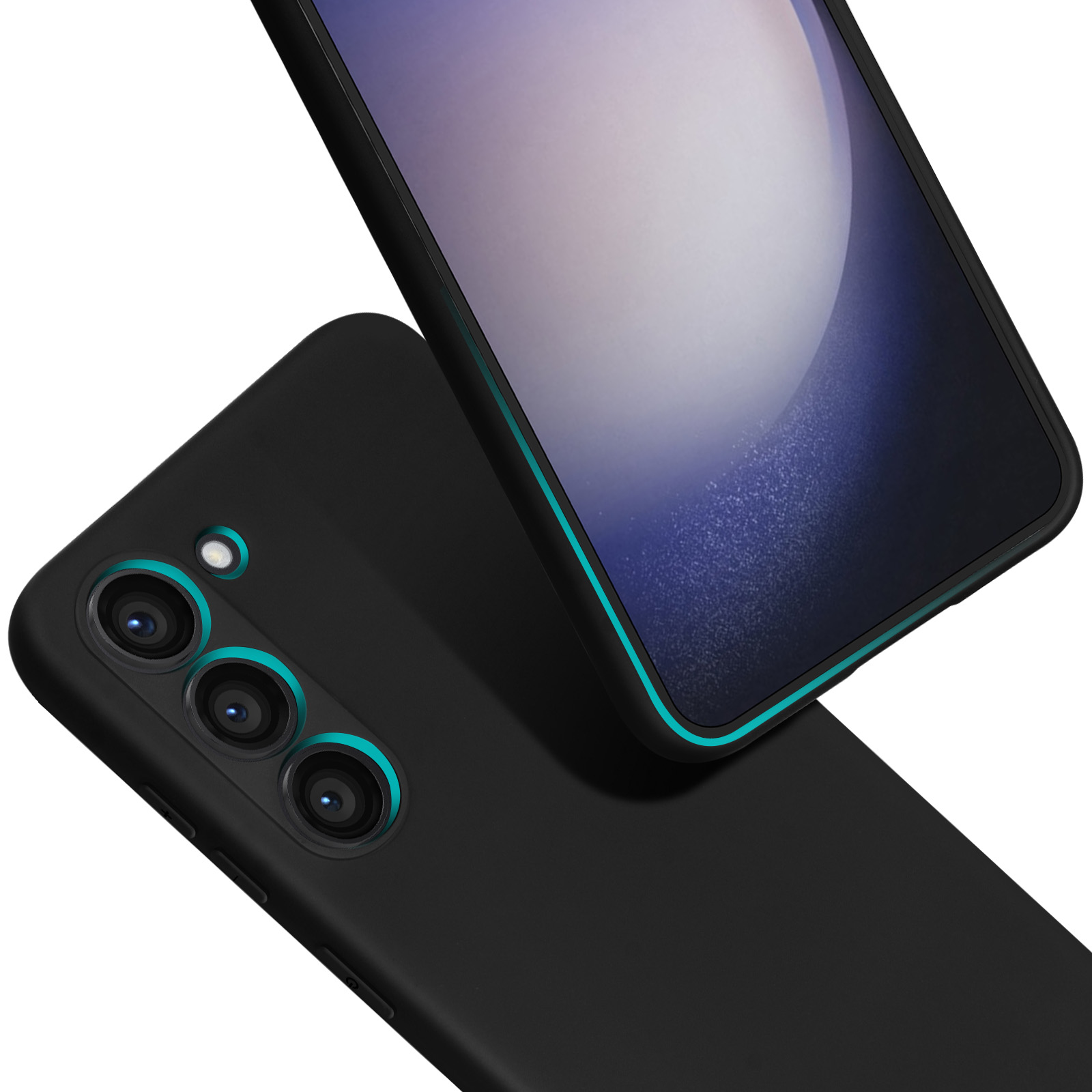 Zwarte smartphone met camera-array en blauwe rand in detail.