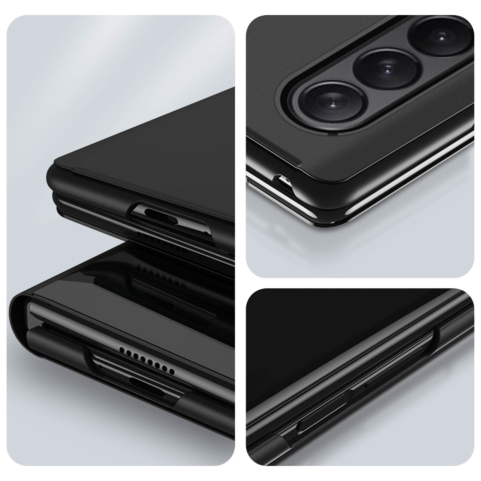 Telefono nero con tre fotocamere e un display.