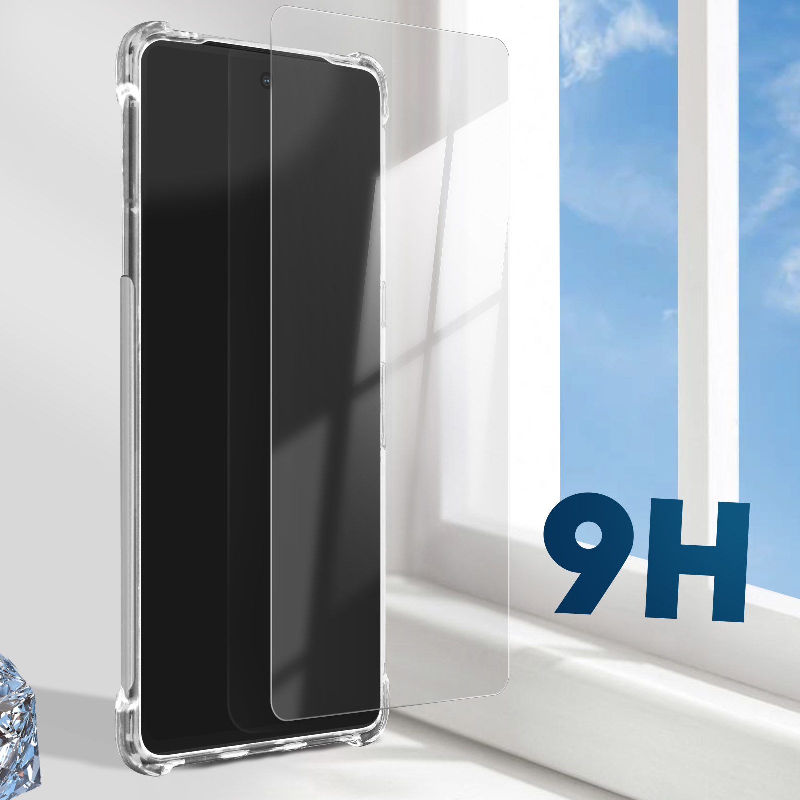 Een smartphone in een doorzichtig hoesje met schermprotector voor een raam.
