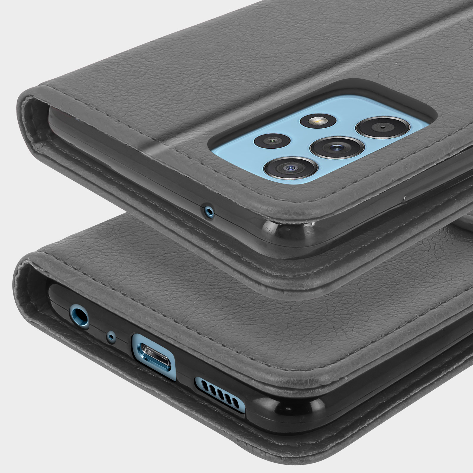 Étui de téléphone gris avec système de caméra et ports en détail.
