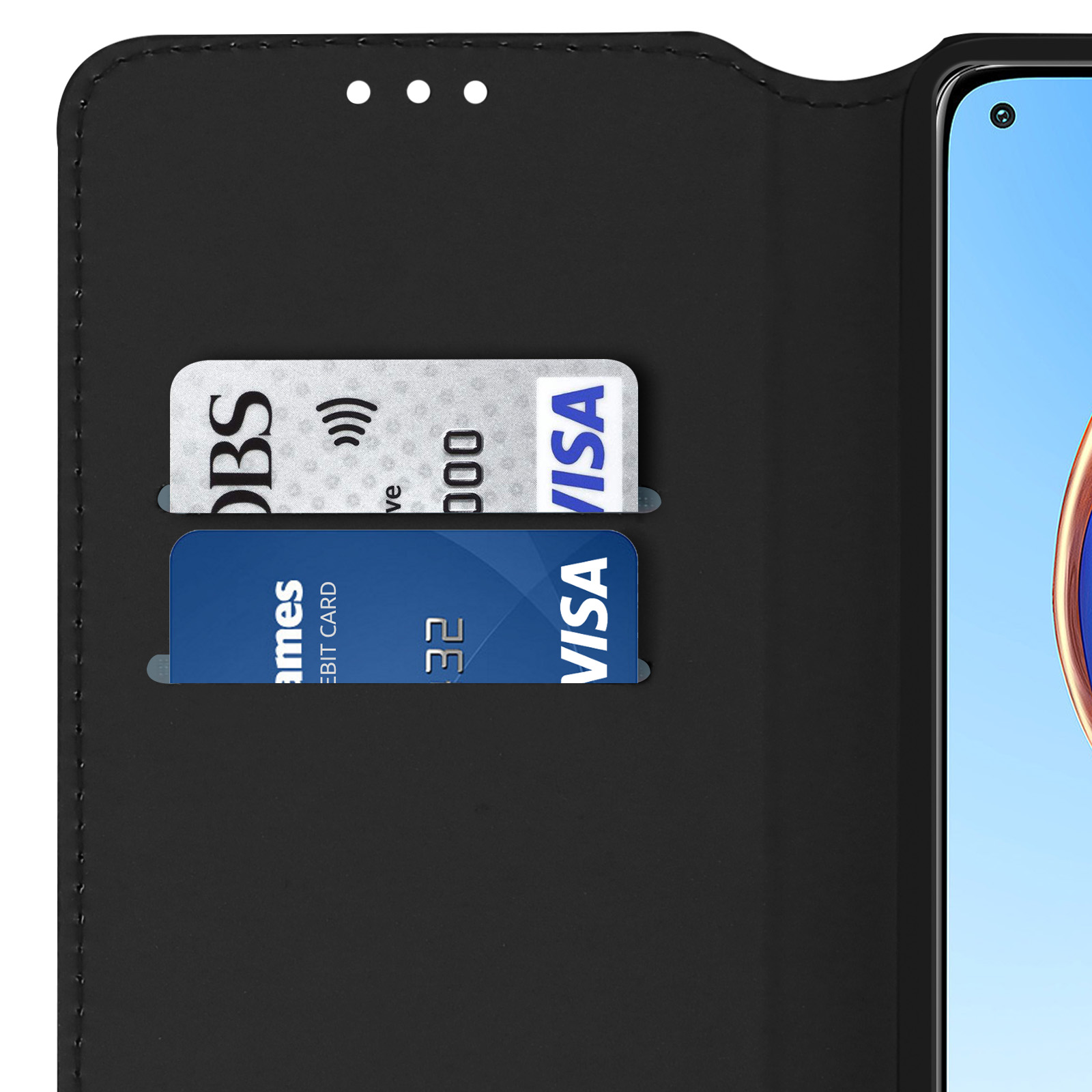 Un étui portefeuille noir pour téléphone avec deux fentes et deux cartes.