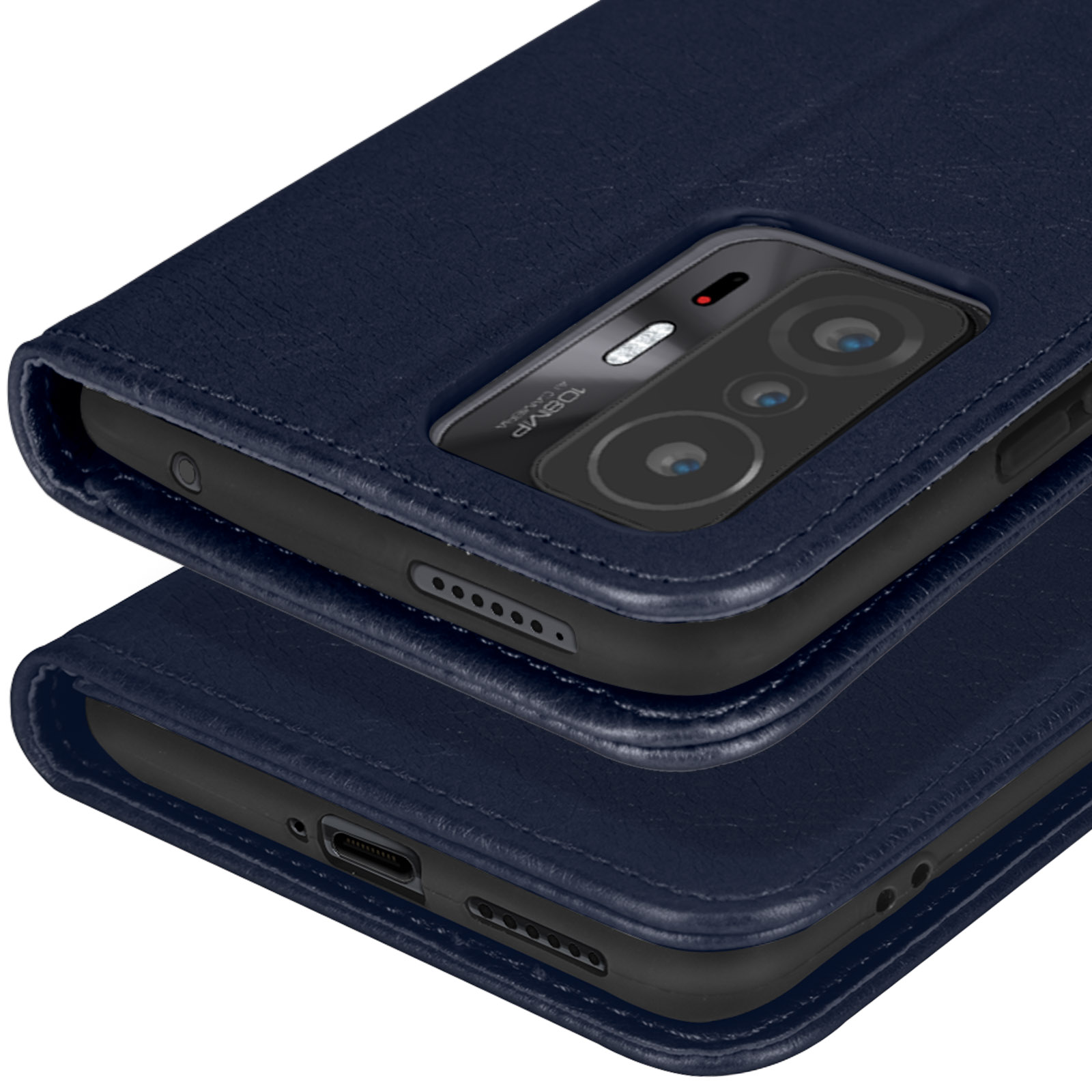 Donkerblauwe telefoonhoes met cameramodule en poorten.