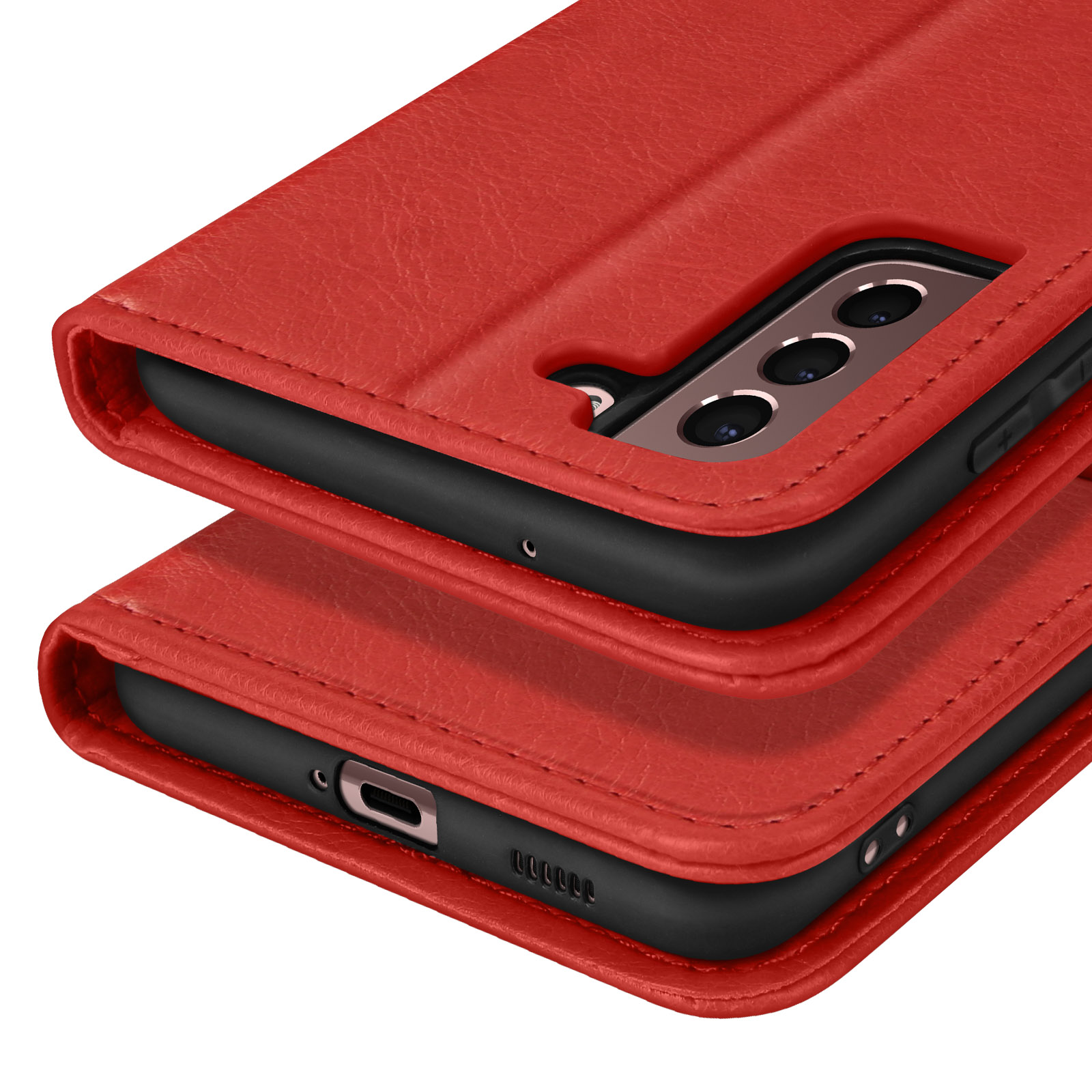 Rode leren telefoonhoes met drievoudige camera-uitsparing en USB-C-poort.