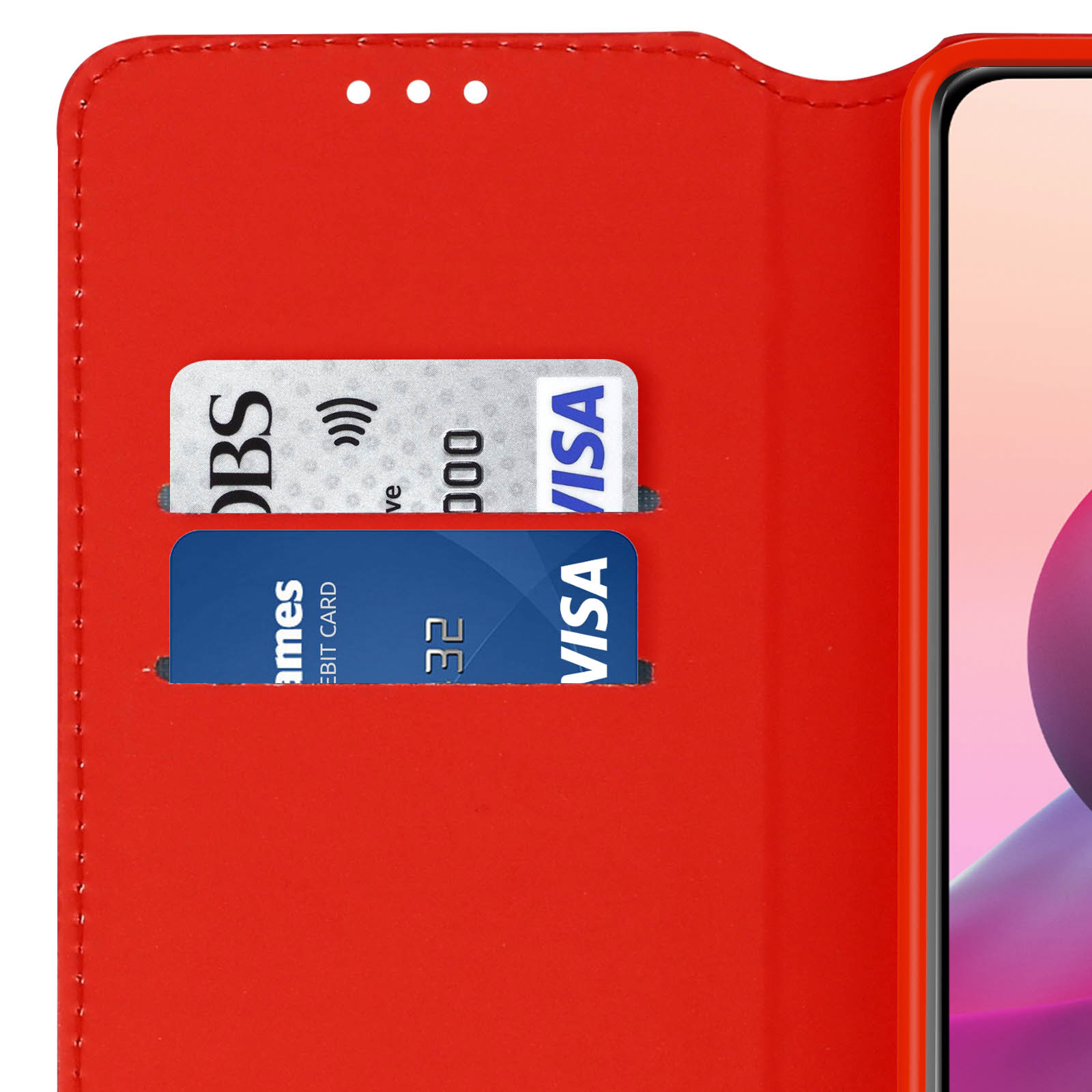 Custodia rossa per telefono con due scomparti per carte. Una carta dice DBS, l'altra VISA.