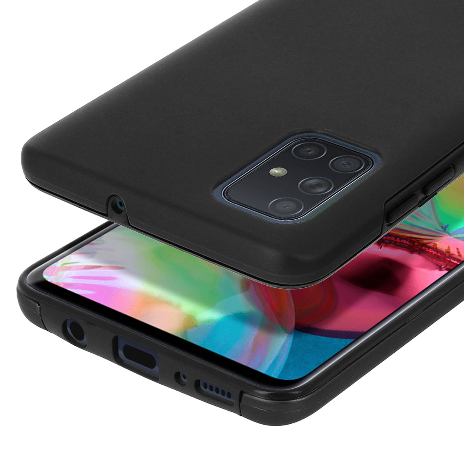 Coque de téléphone noire sur un smartphone à écran coloré.