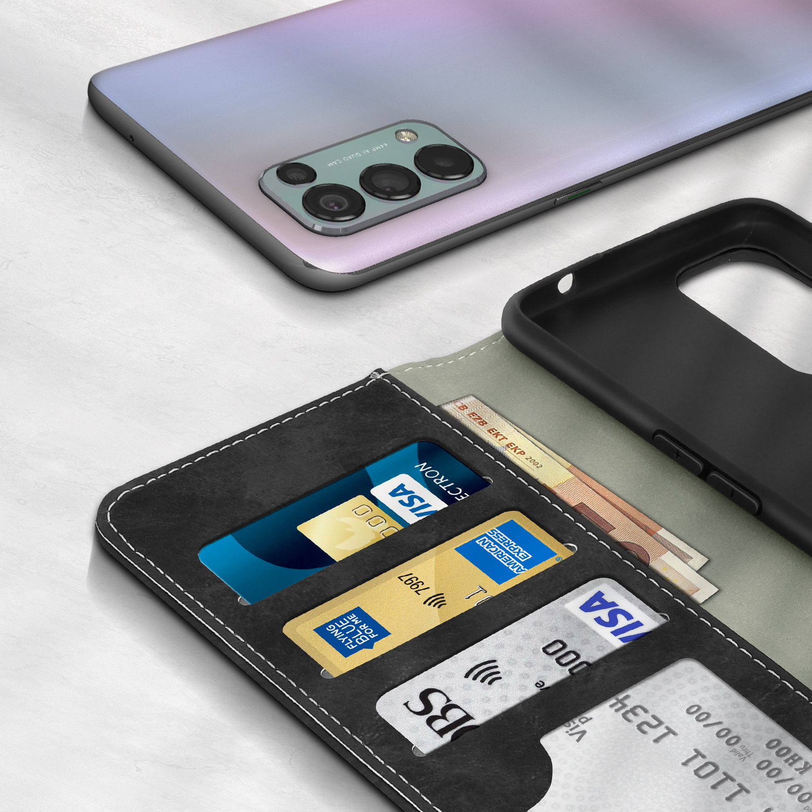 Un smartphone avec appareil photo et un portefeuille avec cartes et argent sont visibles.