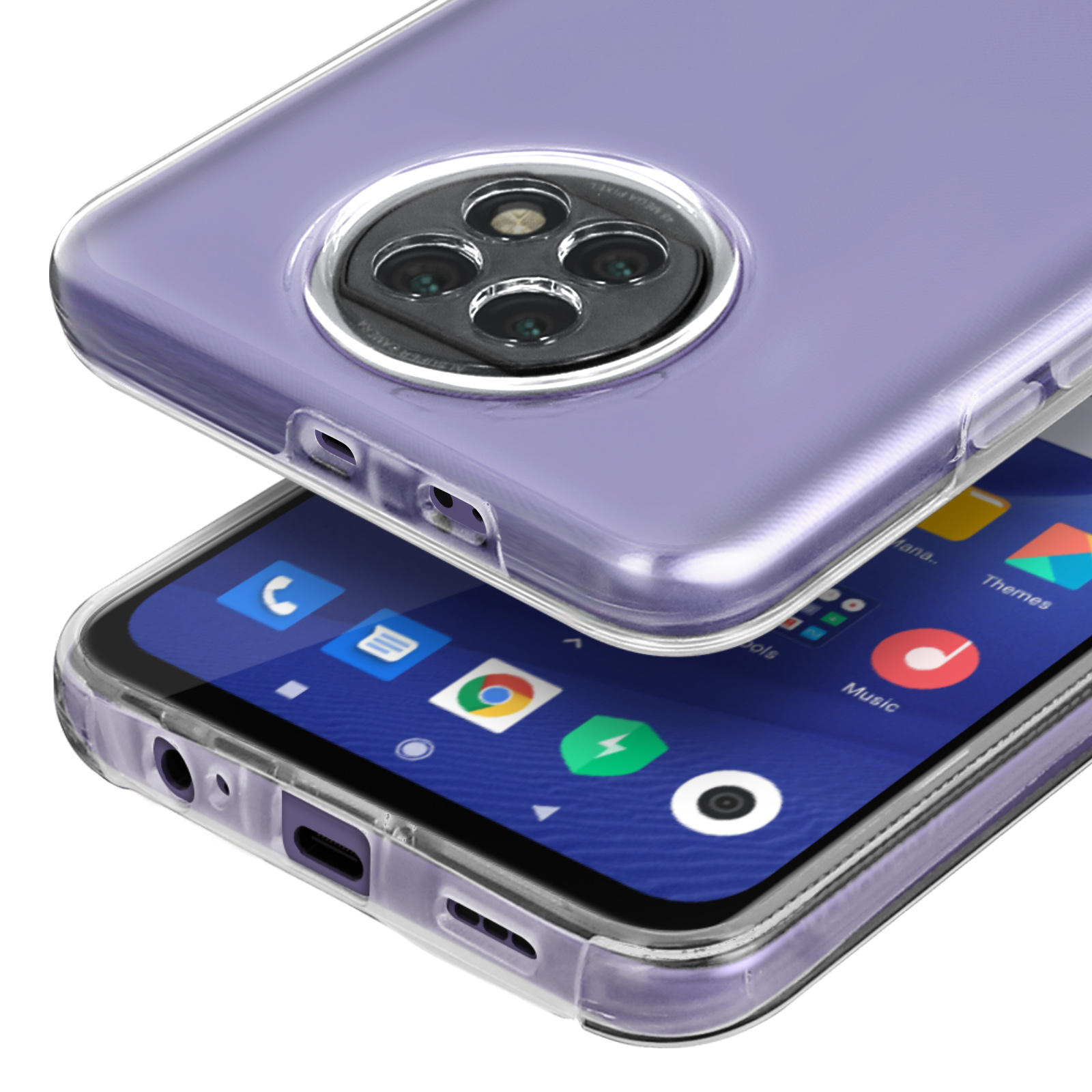 Une coque de téléphone violette transparente recouvre un smartphone affichant des apps.