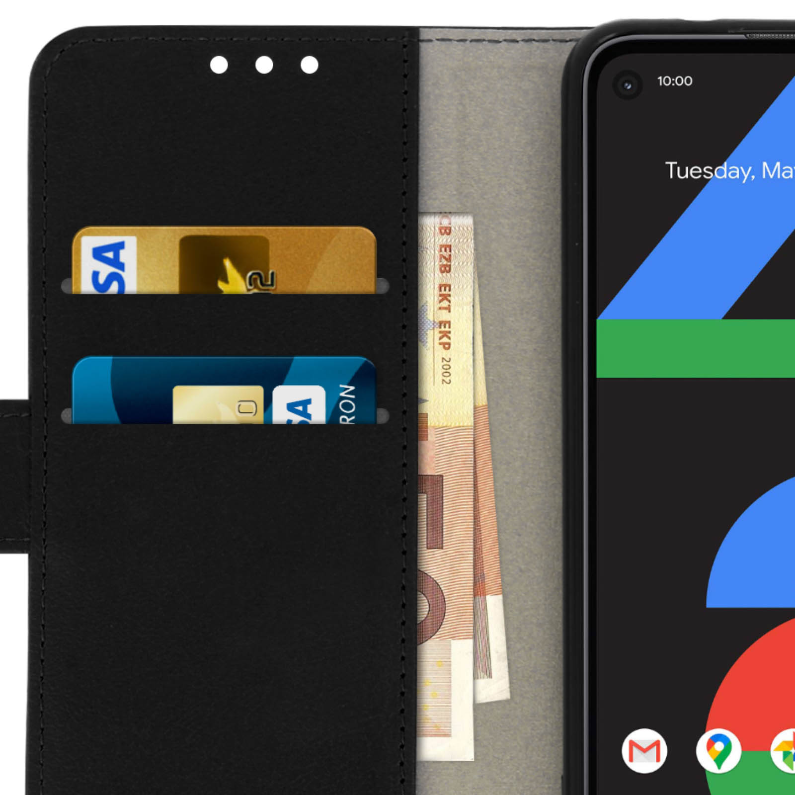 Portafoglio nero con carte di credito e banconote, accanto a uno smartphone.
