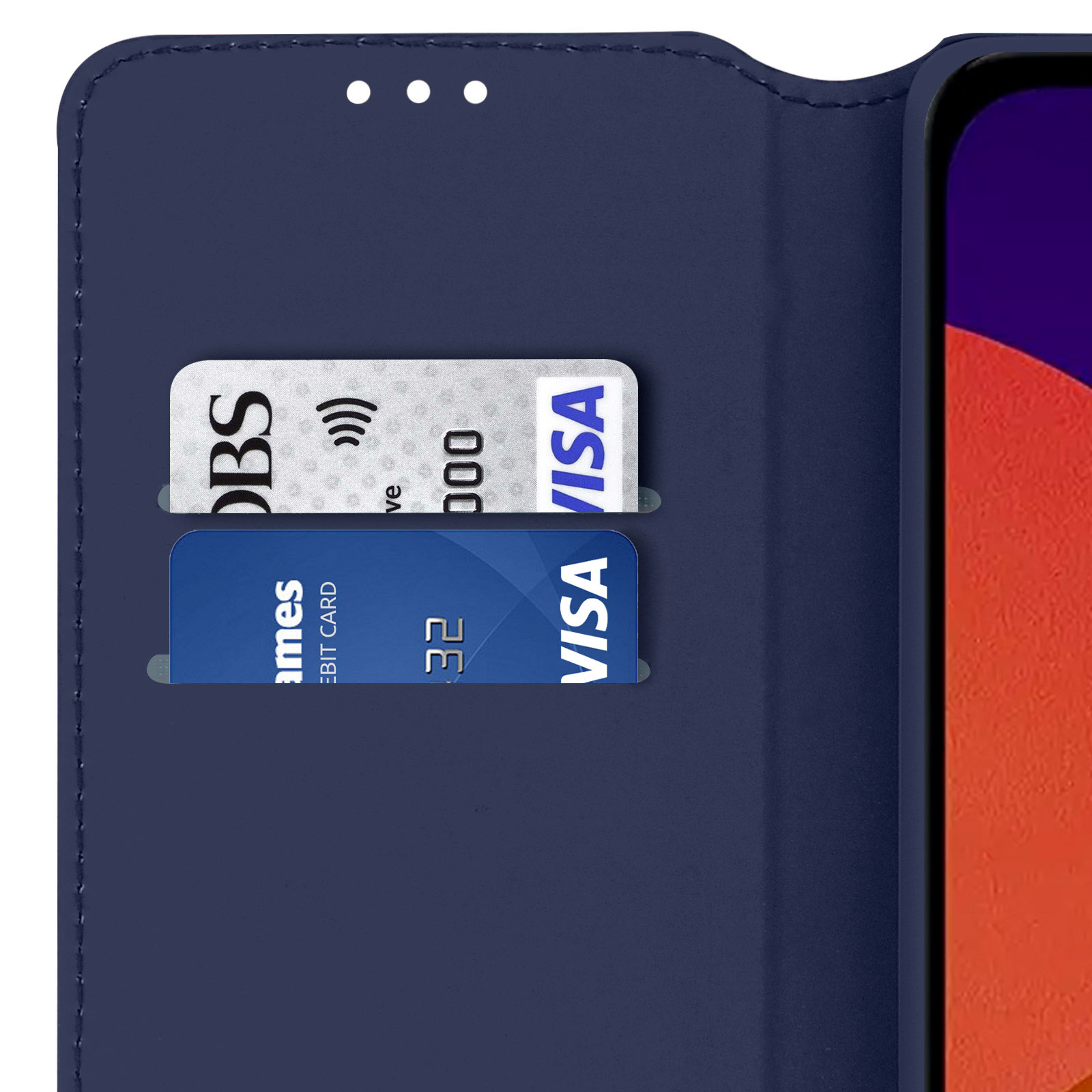 Étui bleu foncé avec deux fentes pour cartes montrant des cartes.