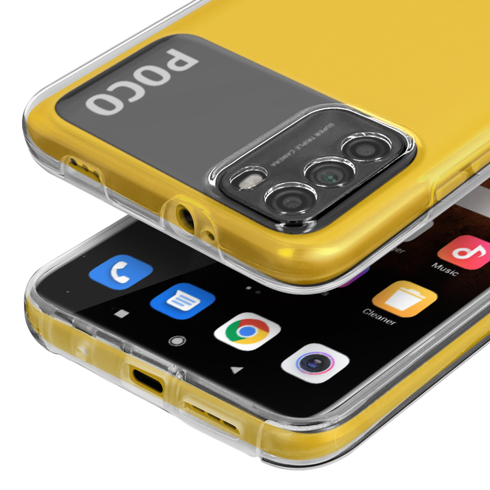 Twee gele telefoons met doorzichtige hoesjes, de ene boven de andere. Bovenste toont POCO.