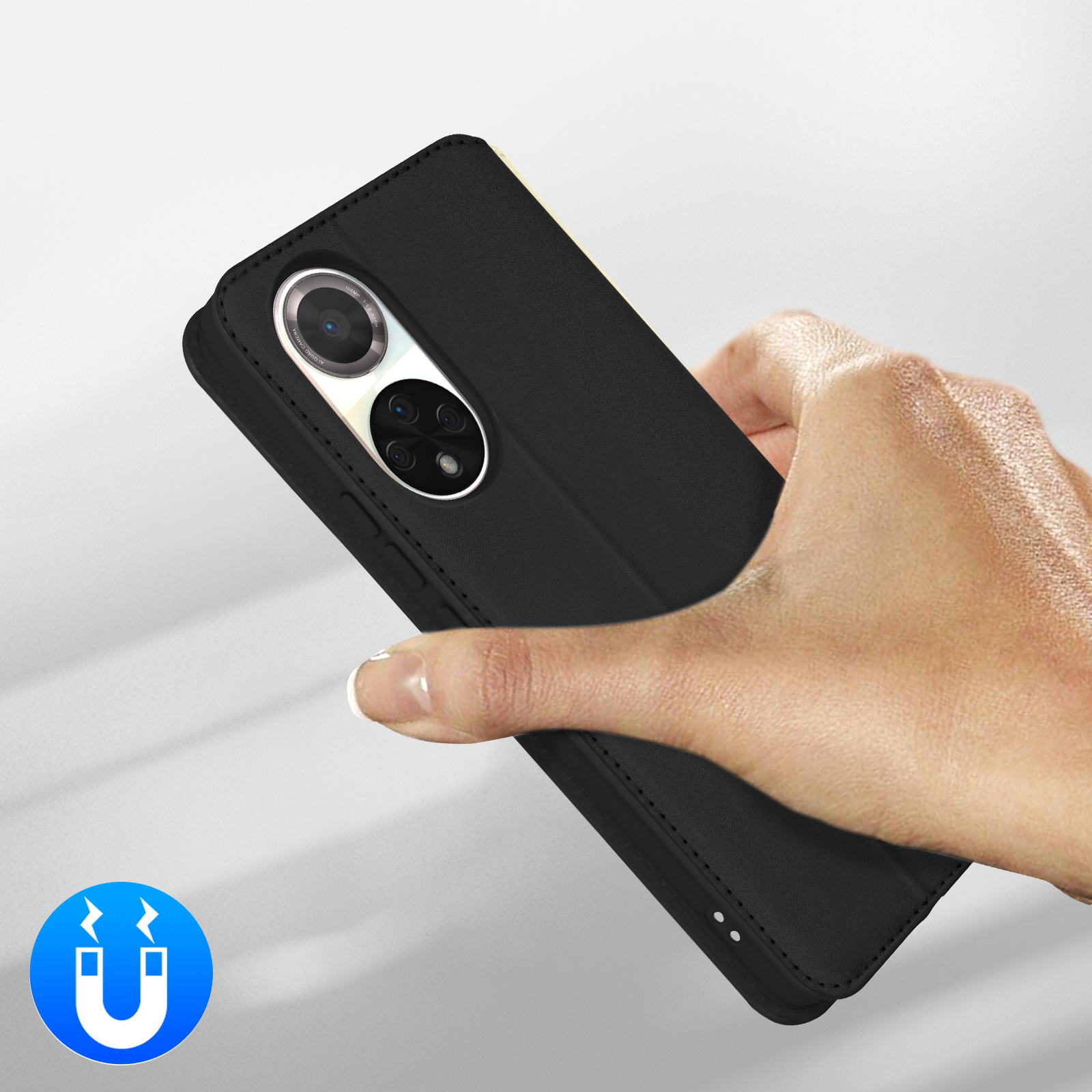 Une main tient un étui de téléphone noir avec découpe caméra. Icône aimant.