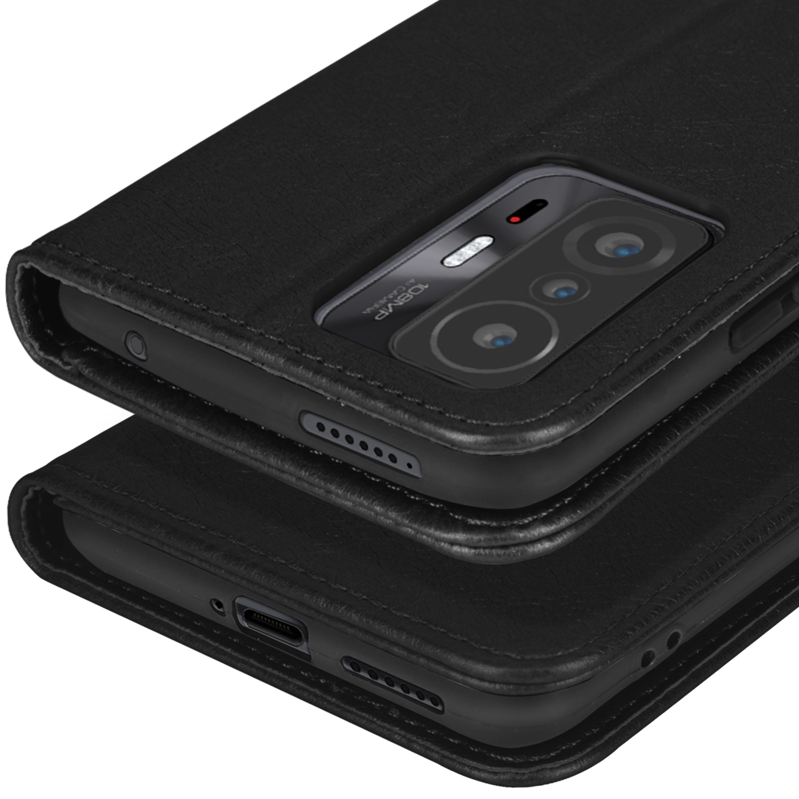 Un téléphone noir avec appareil photo 108MP repose dans un étui noir.