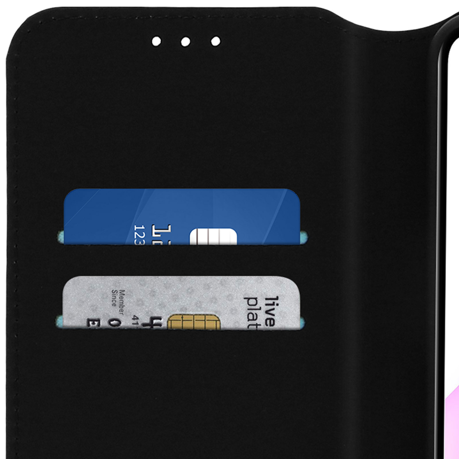 Custodia nera per telefono con due fessure per carte, una blu e una argentata.