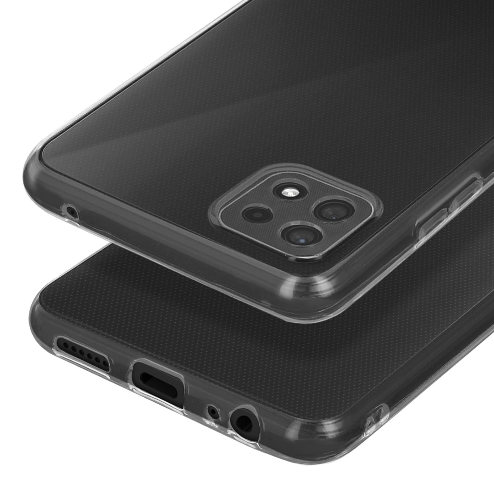 Deux coques de téléphone transparentes à motif de points, superposées.