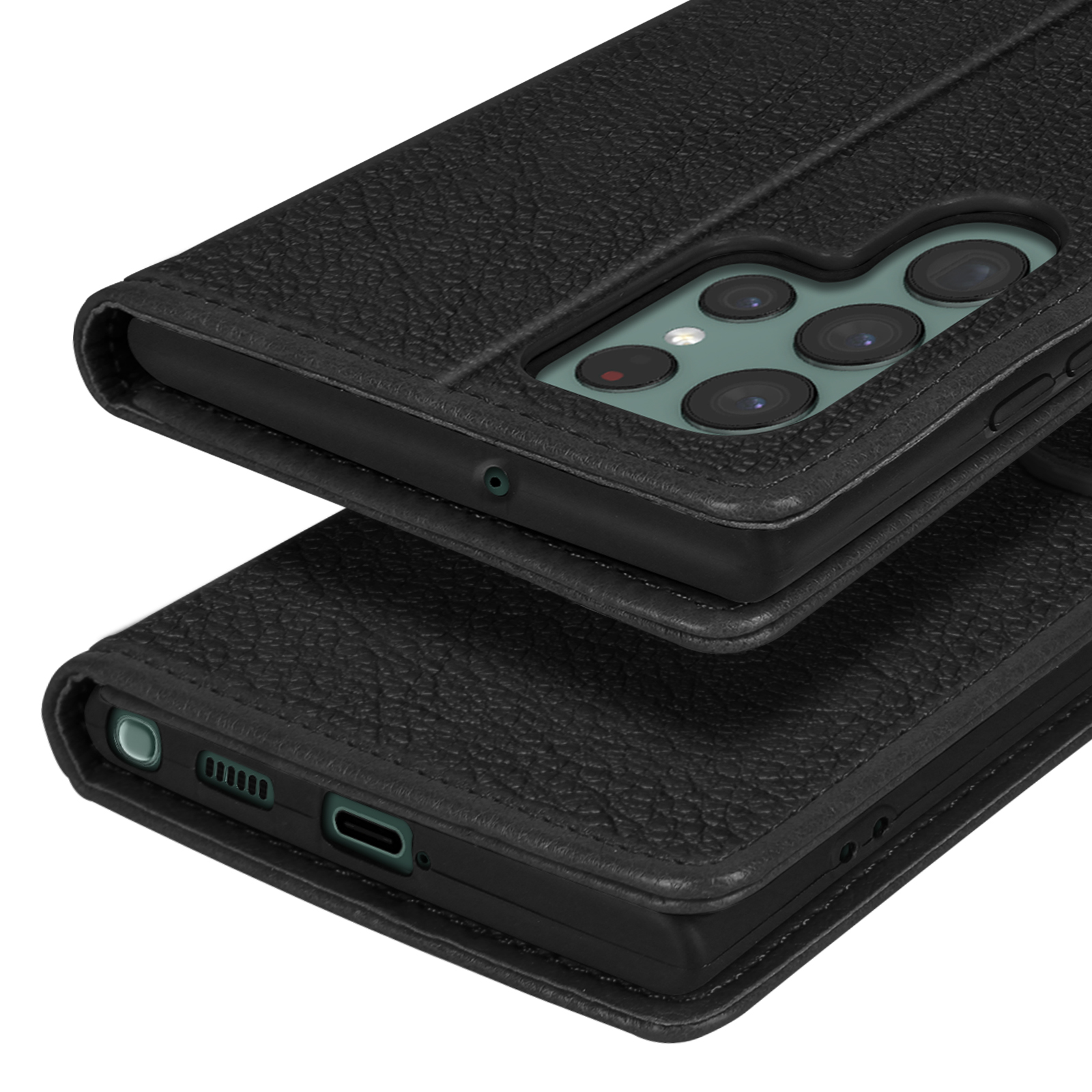 Zwarte leren flip case voor smartphone, met zichtbare cameralens en poorten.