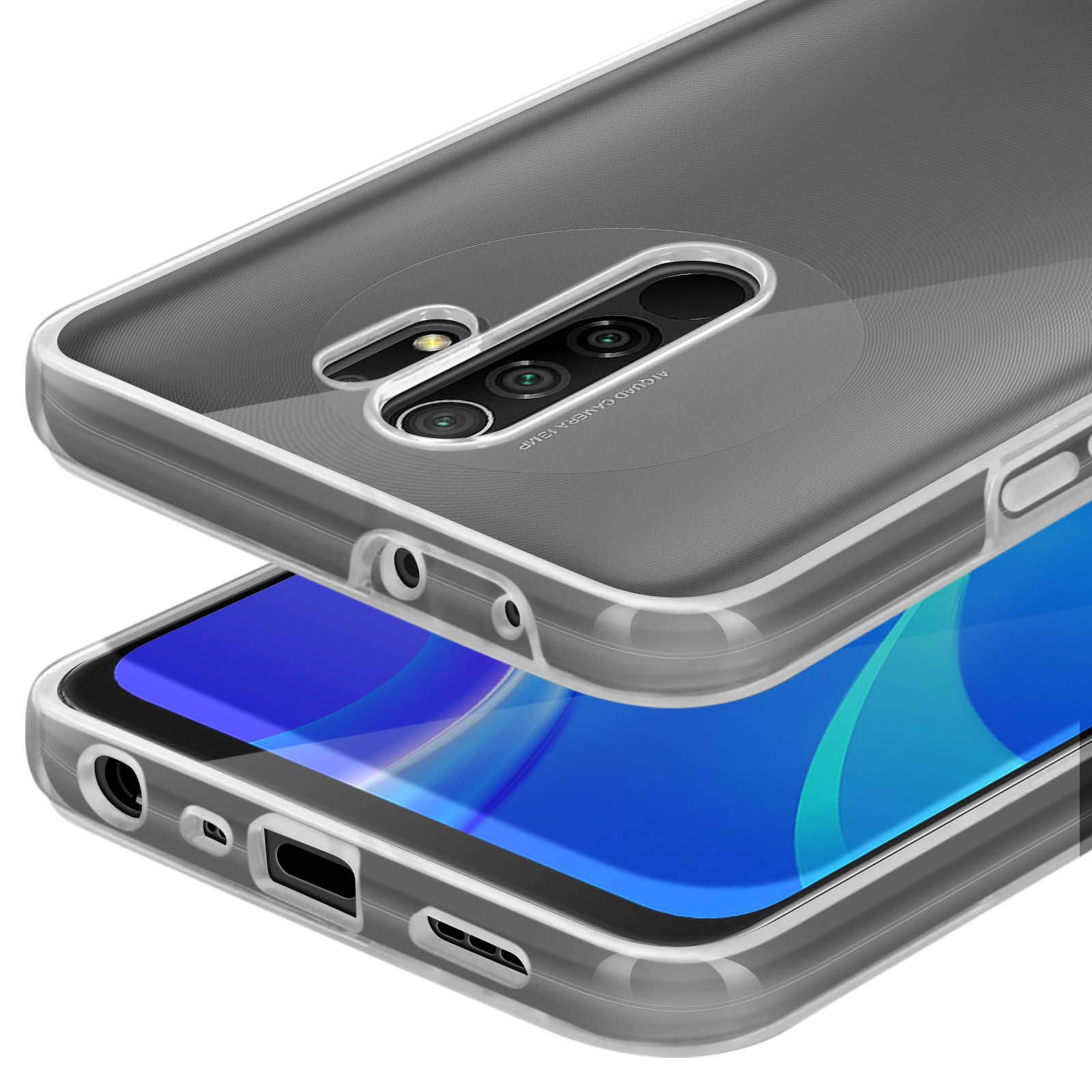 Coque de téléphone transparente avec quadruple appareil photo et écran bleu.