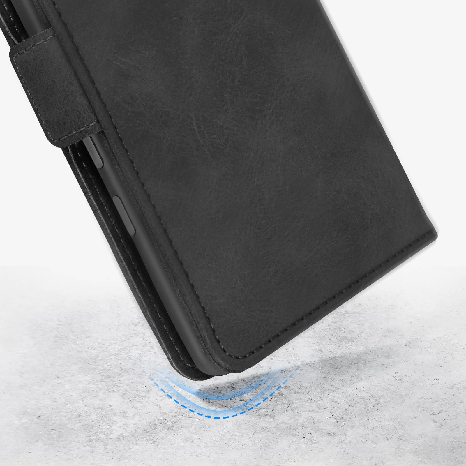 Coque de téléphone noire avec graphique d'absorption des chocs.