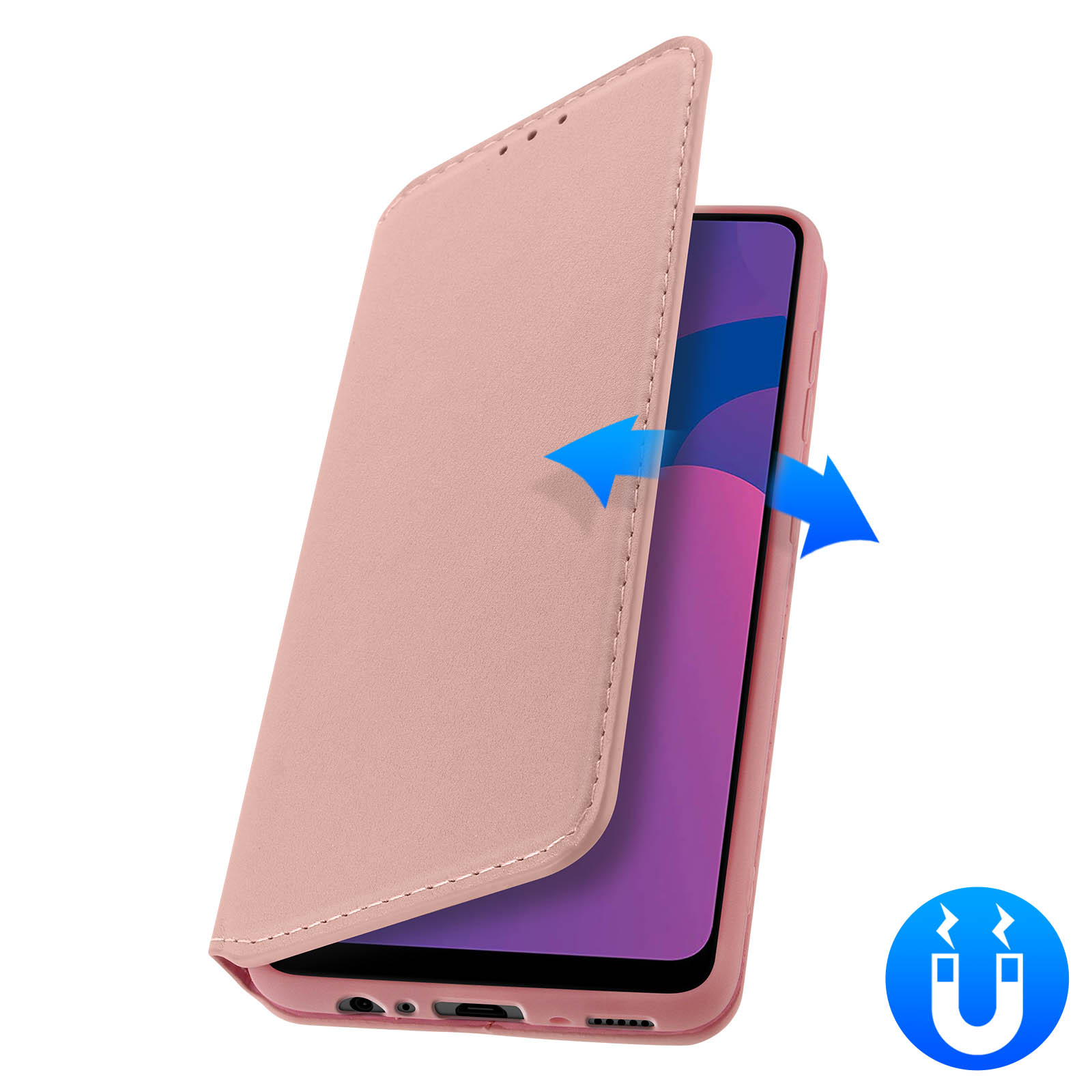 Una funda de teléfono rosa con cierre magnético. Las flechas indican cómo se cierra.