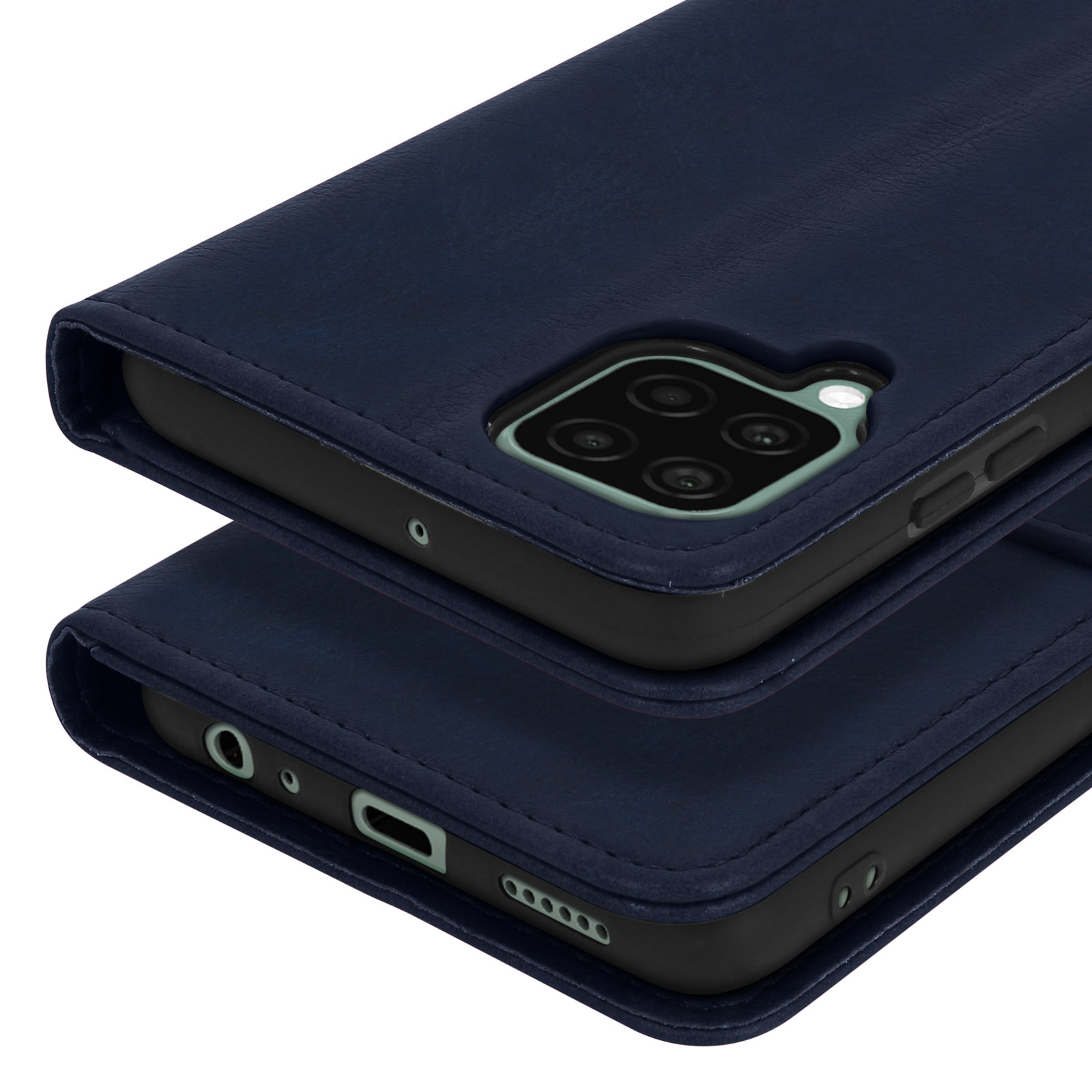Étui de téléphone bleu foncé avec appareil photo quadruple et port de charge.