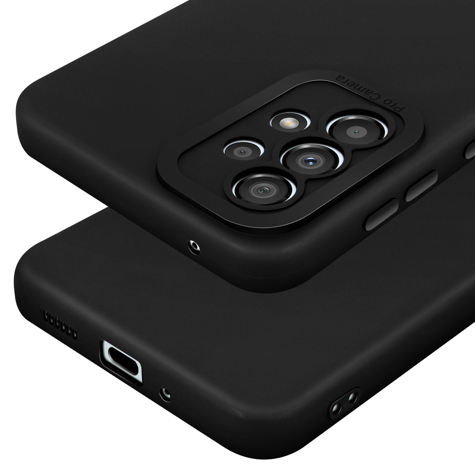 Twee zwarte telefoonhoesjes op elkaar, close-up van cameralenzen.