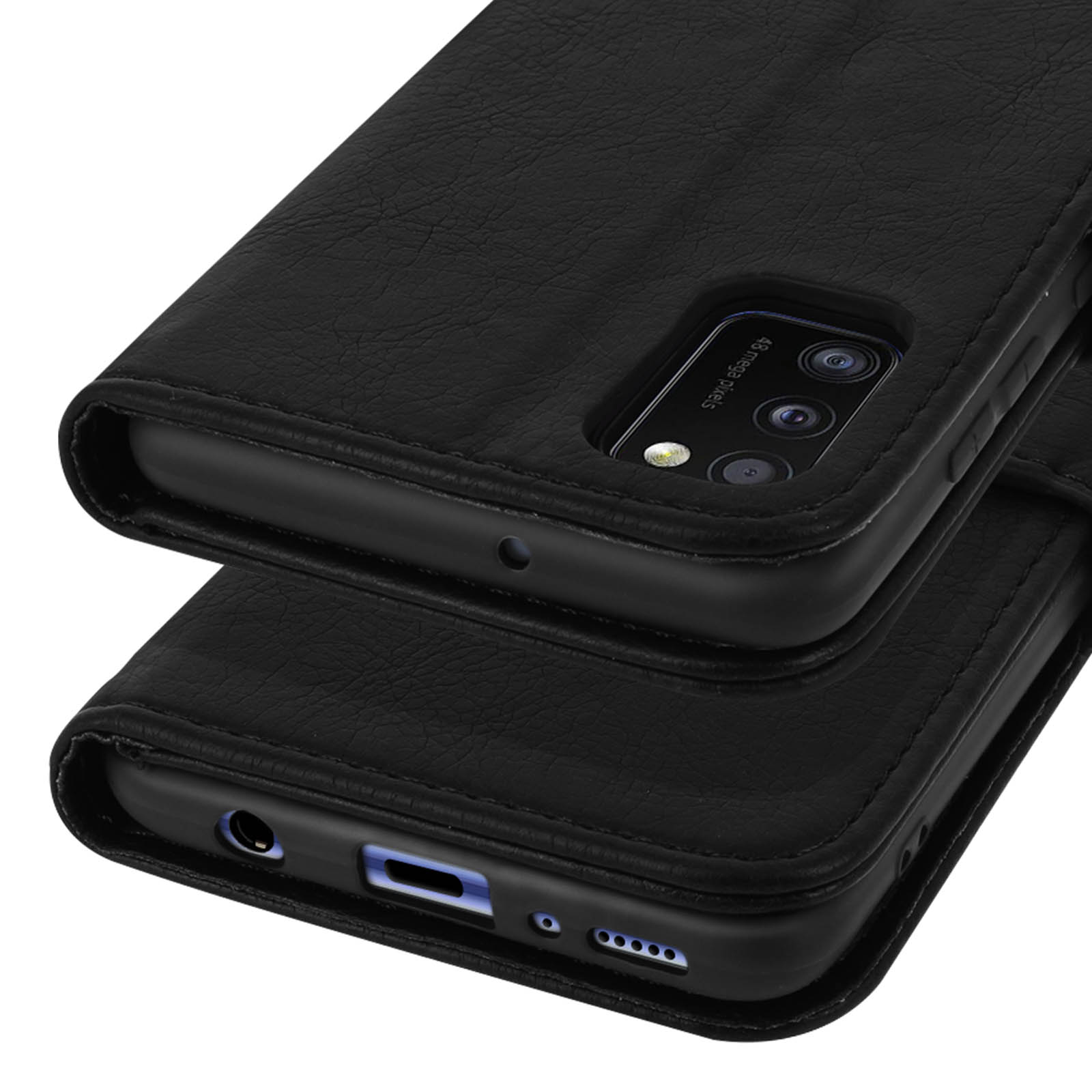 Een zwarte leren telefoonhoes met cameramodule en poorten.