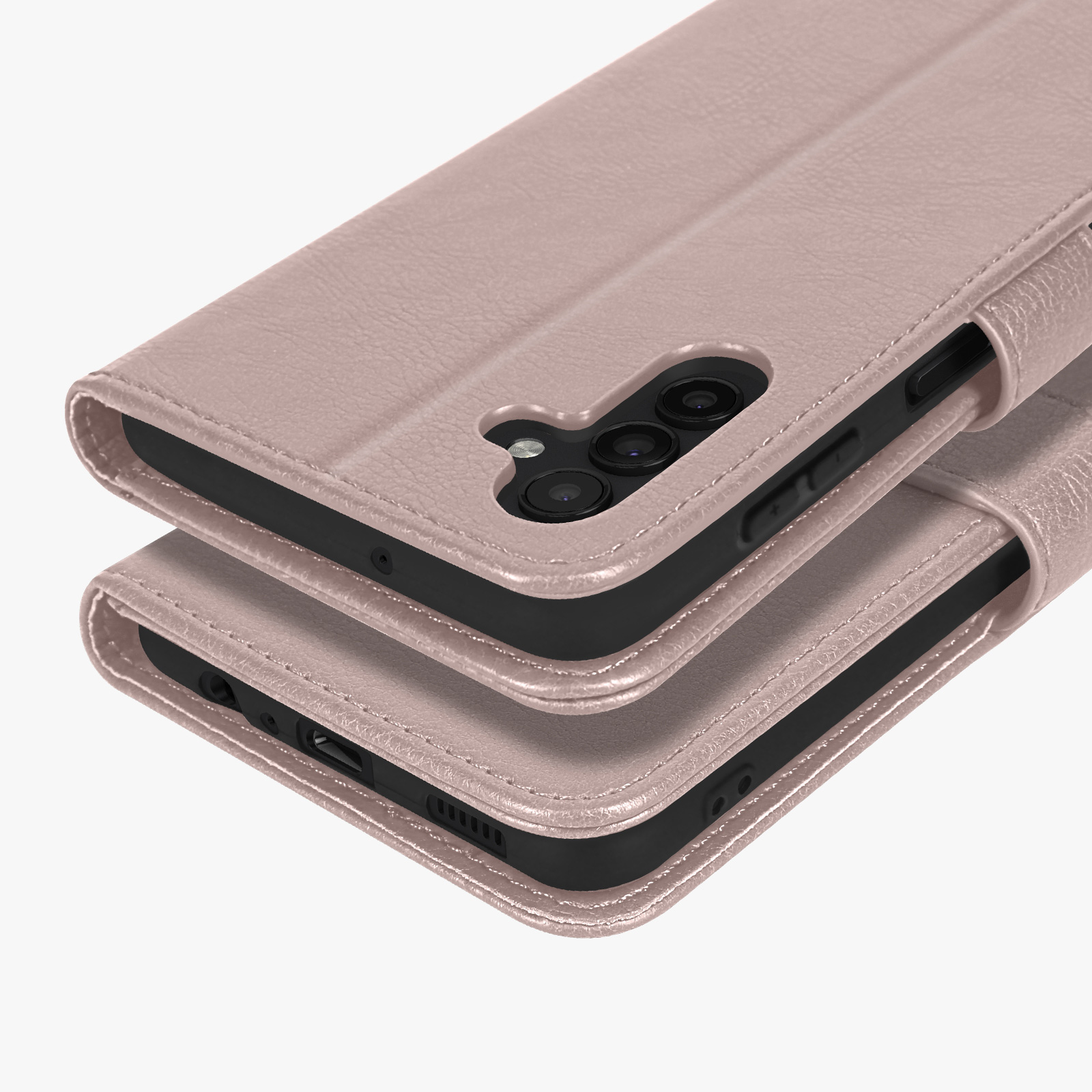 Deux étuis de téléphone or rose empilés. L'un montre des objectifs.