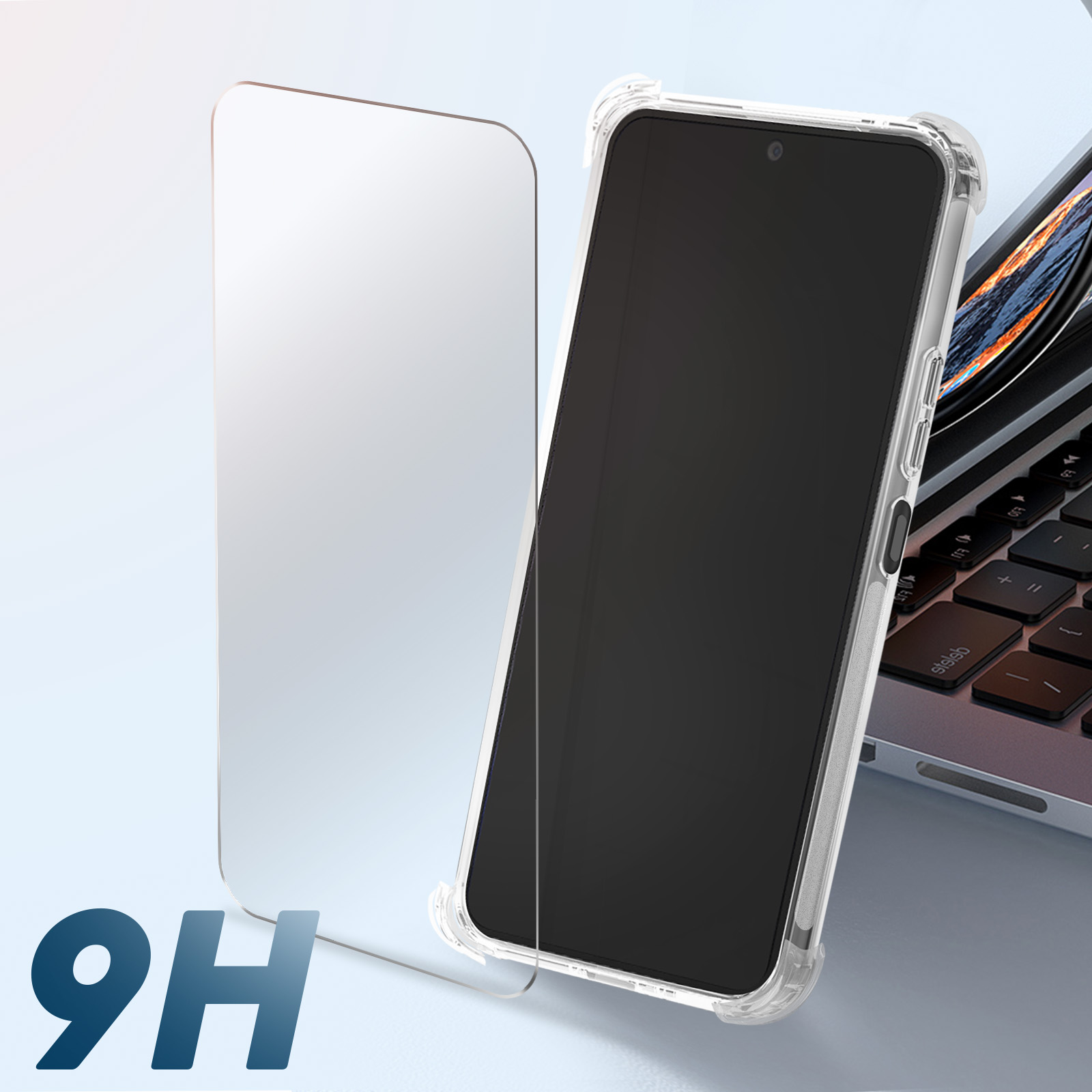 Een smartphone in een hoesje met een schermprotector naast een toetsenbord.