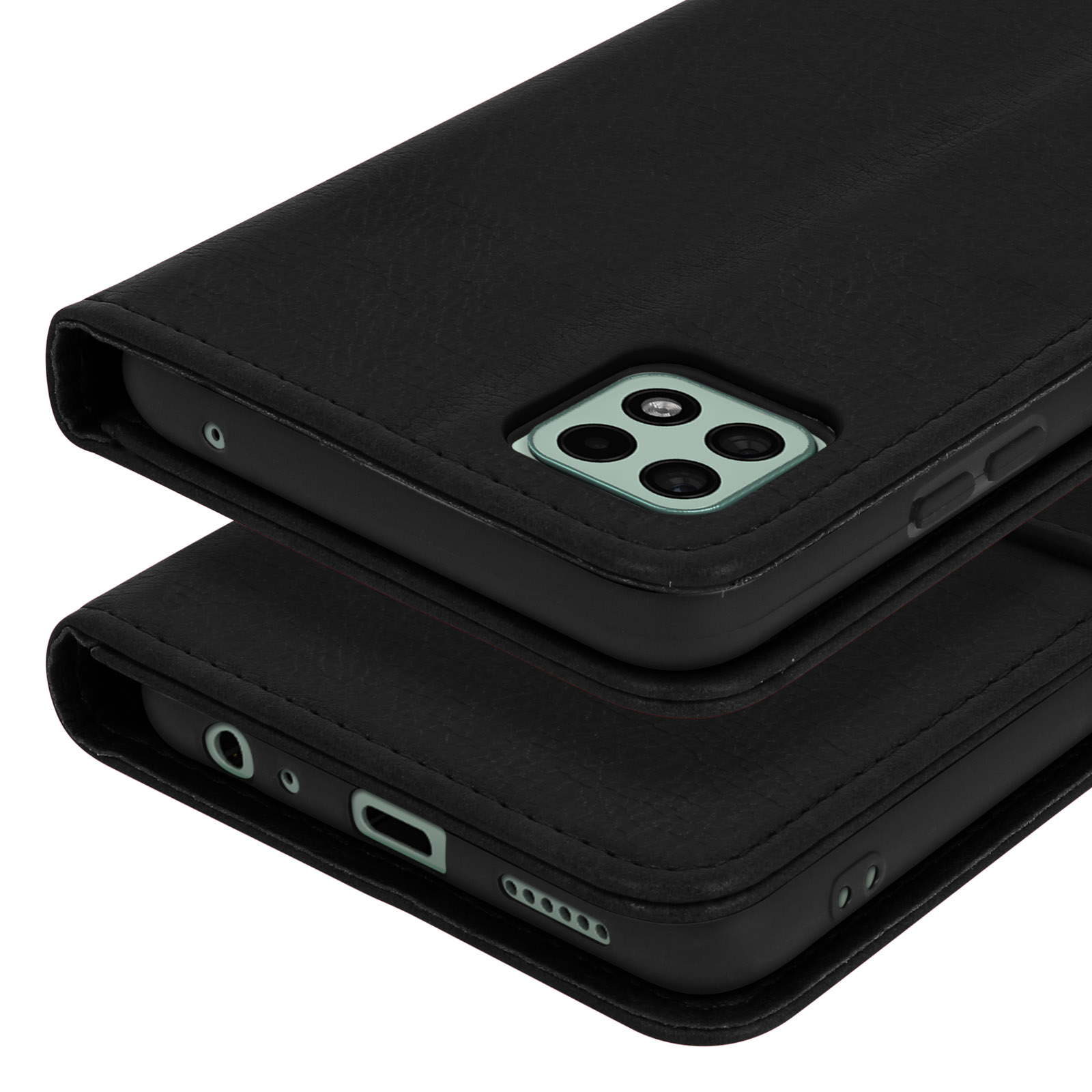 Étui de téléphone noir avec module caméra et boutons latéraux.