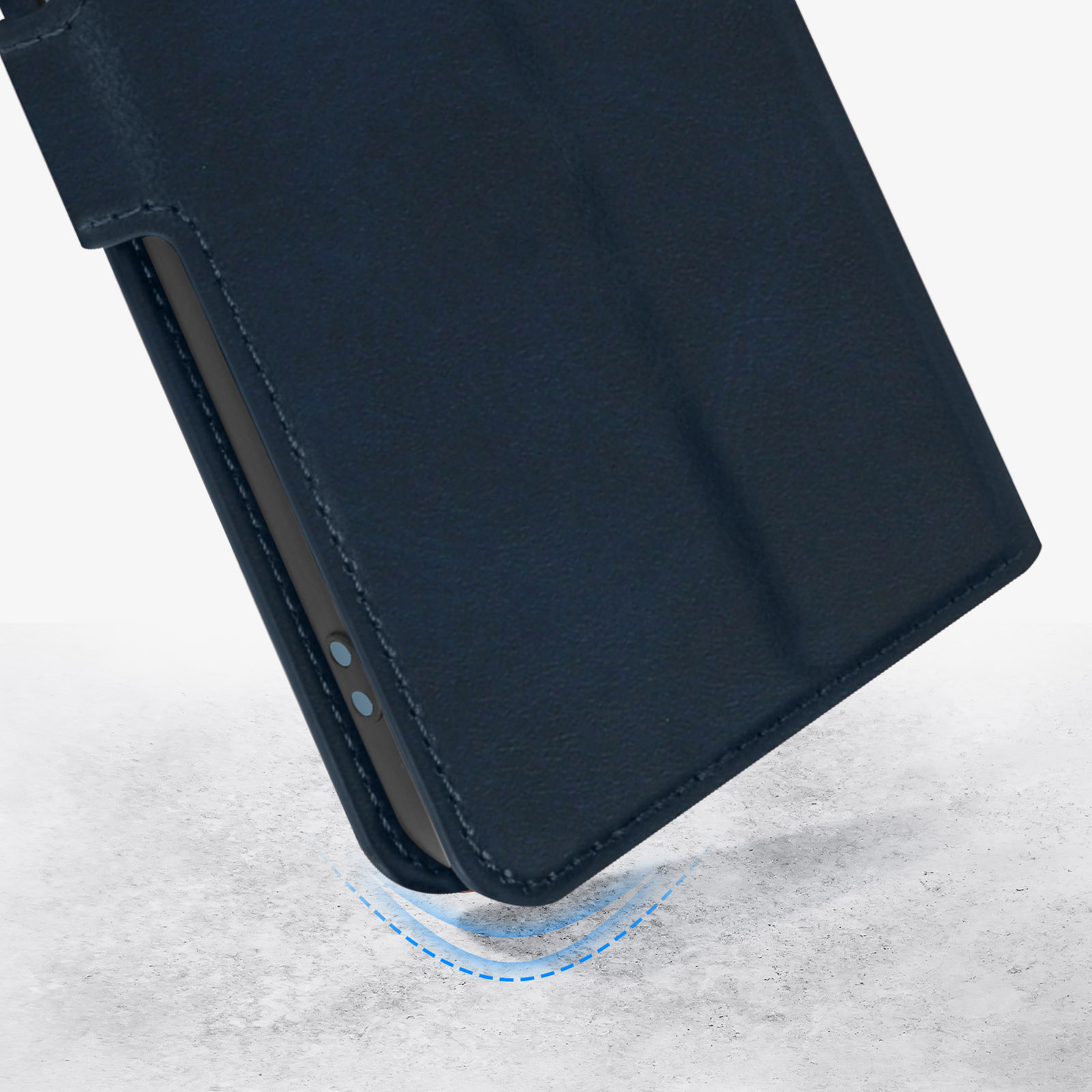 Donkerblauwe telefoonhoes op beton, met blauwe lijnen die schokabsorptie aangeven.