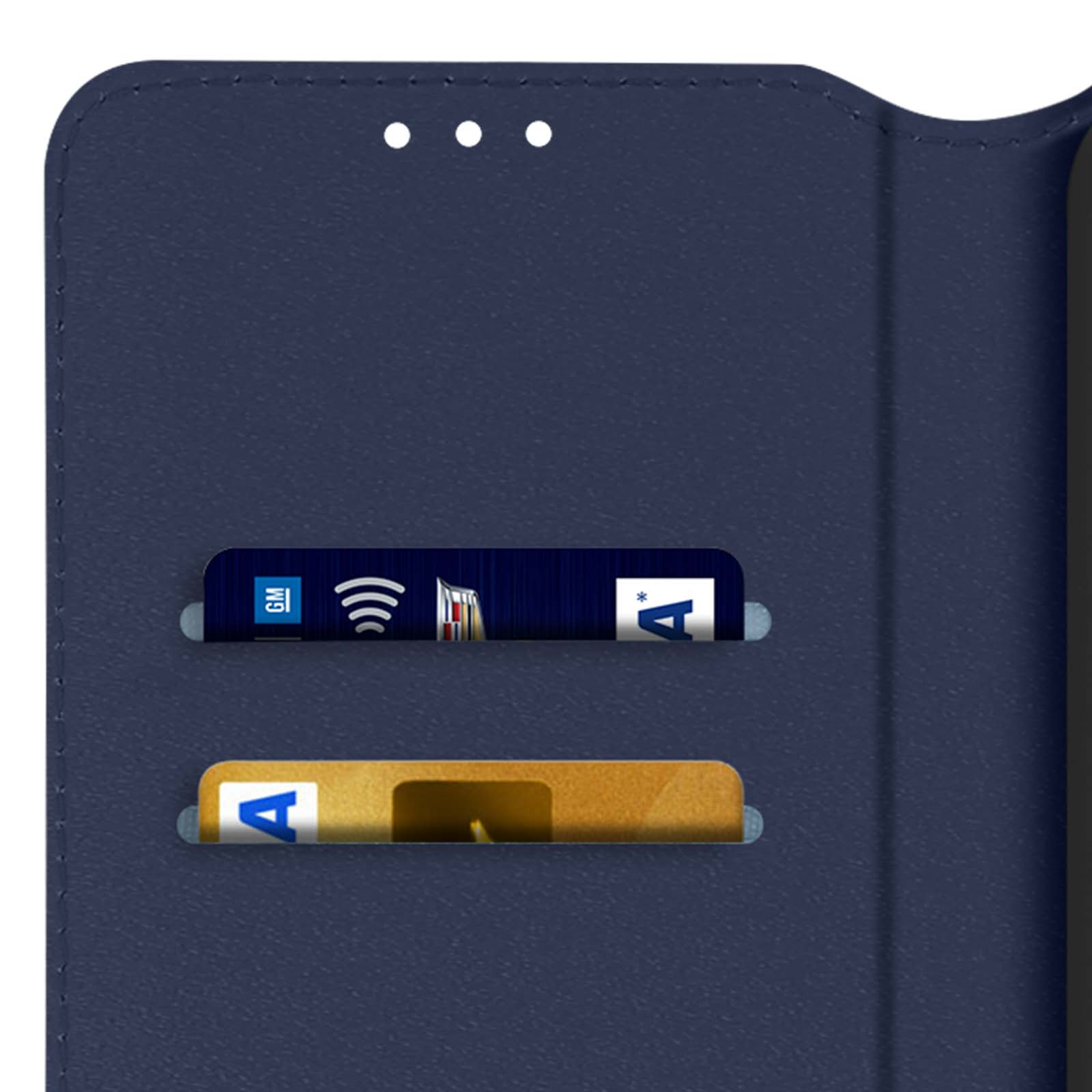 Portefeuille bleu avec deux fentes pour cartes. Une carte montre les symboles GM et WiFi.