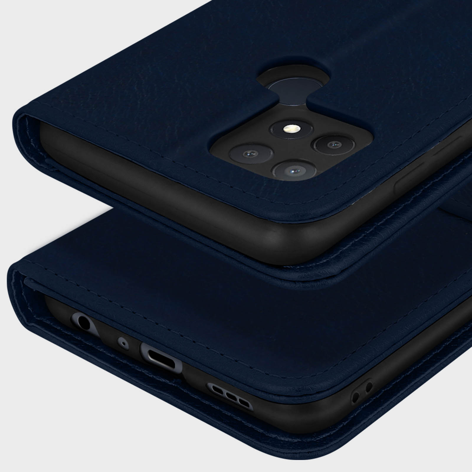 Custodia in pelle blu scuro per smartphone, primo piano fotocamera e porte.