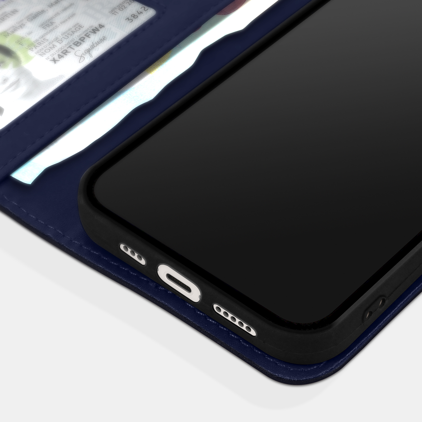 Donkerblauw hoesje met smartphone, ID-kaart en kaartsleuven.