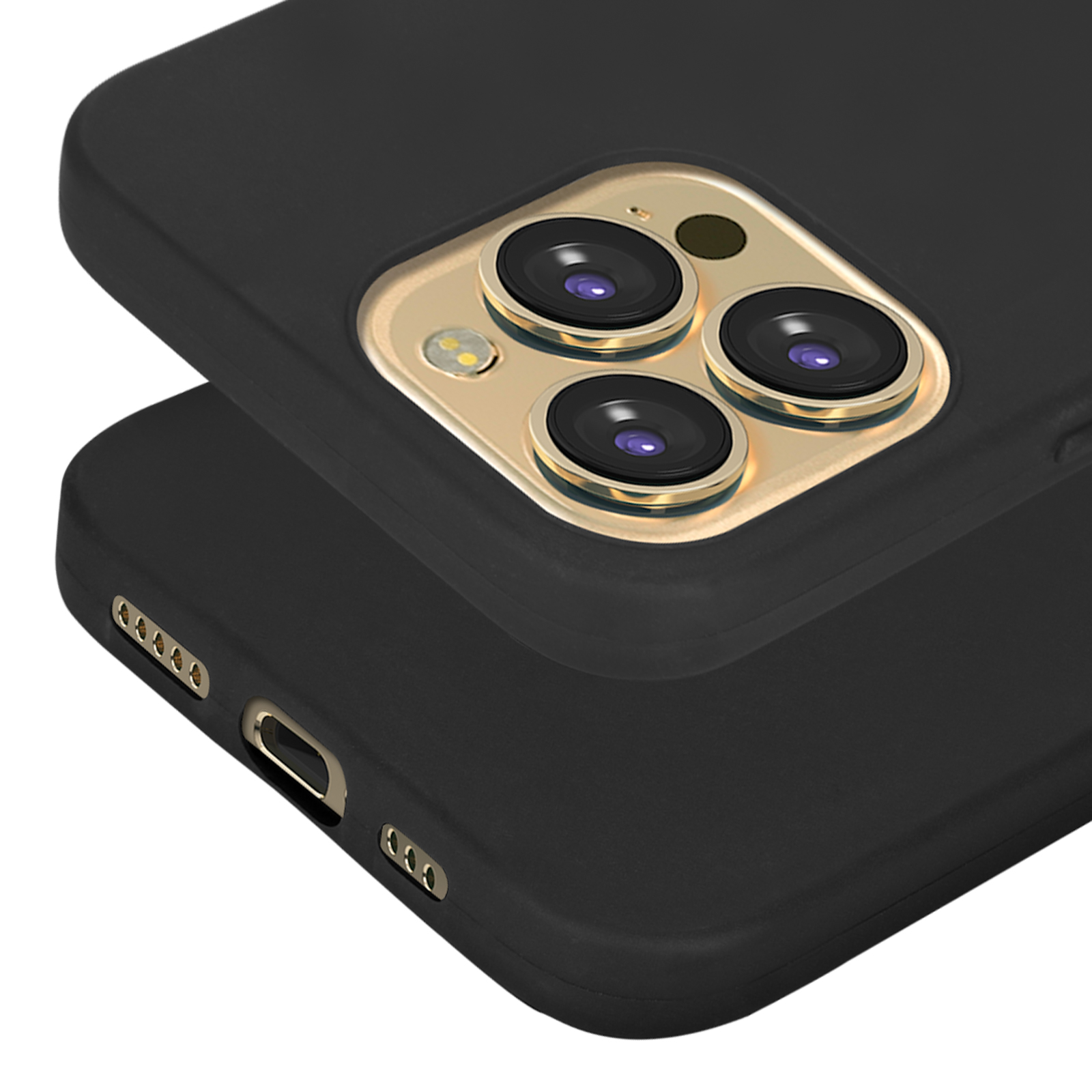 Zwarte telefoonhoes met gouden camerabezel en meerdere lenzen.