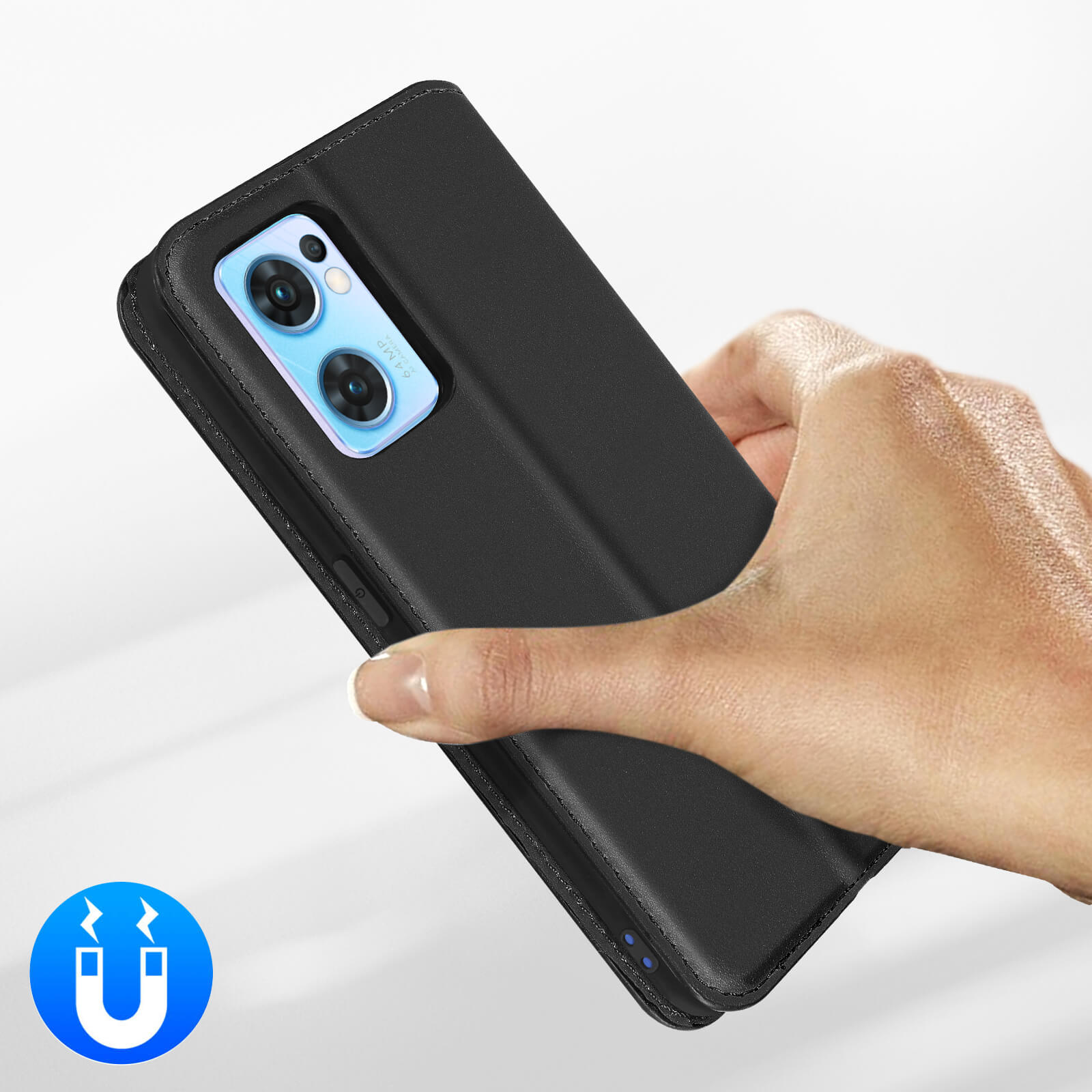 Hand met zwart telefoonhoesje met 64MP camera en magneeticoon.